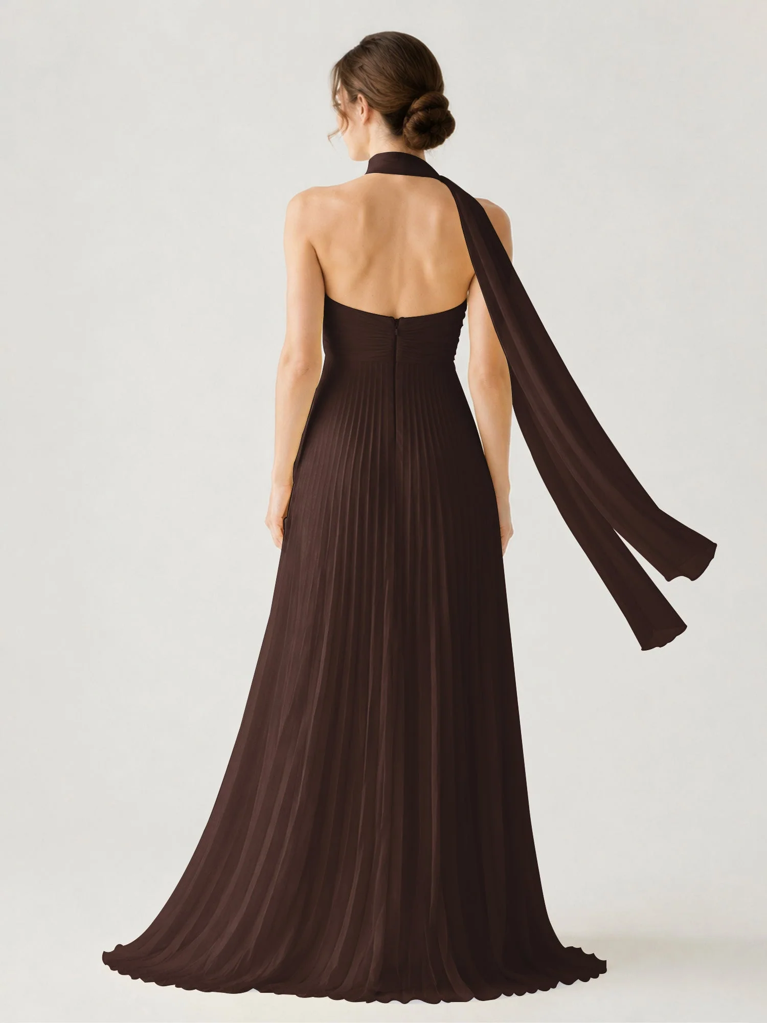 Plissiertes Chiffon-Maxikleid Ohne Träger Mit Halstuch Schokolade - Image 2