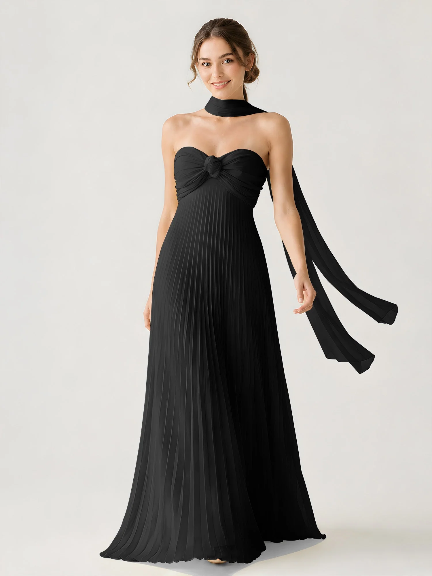Plissiertes Chiffon-Maxikleid Ohne Träger Mit Halstuch Schwarz