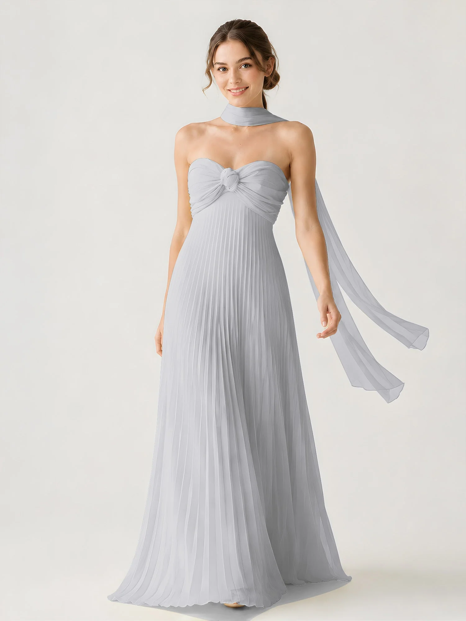 Plissiertes Chiffon-Maxikleid Ohne Träger Mit Halstuch Silber
