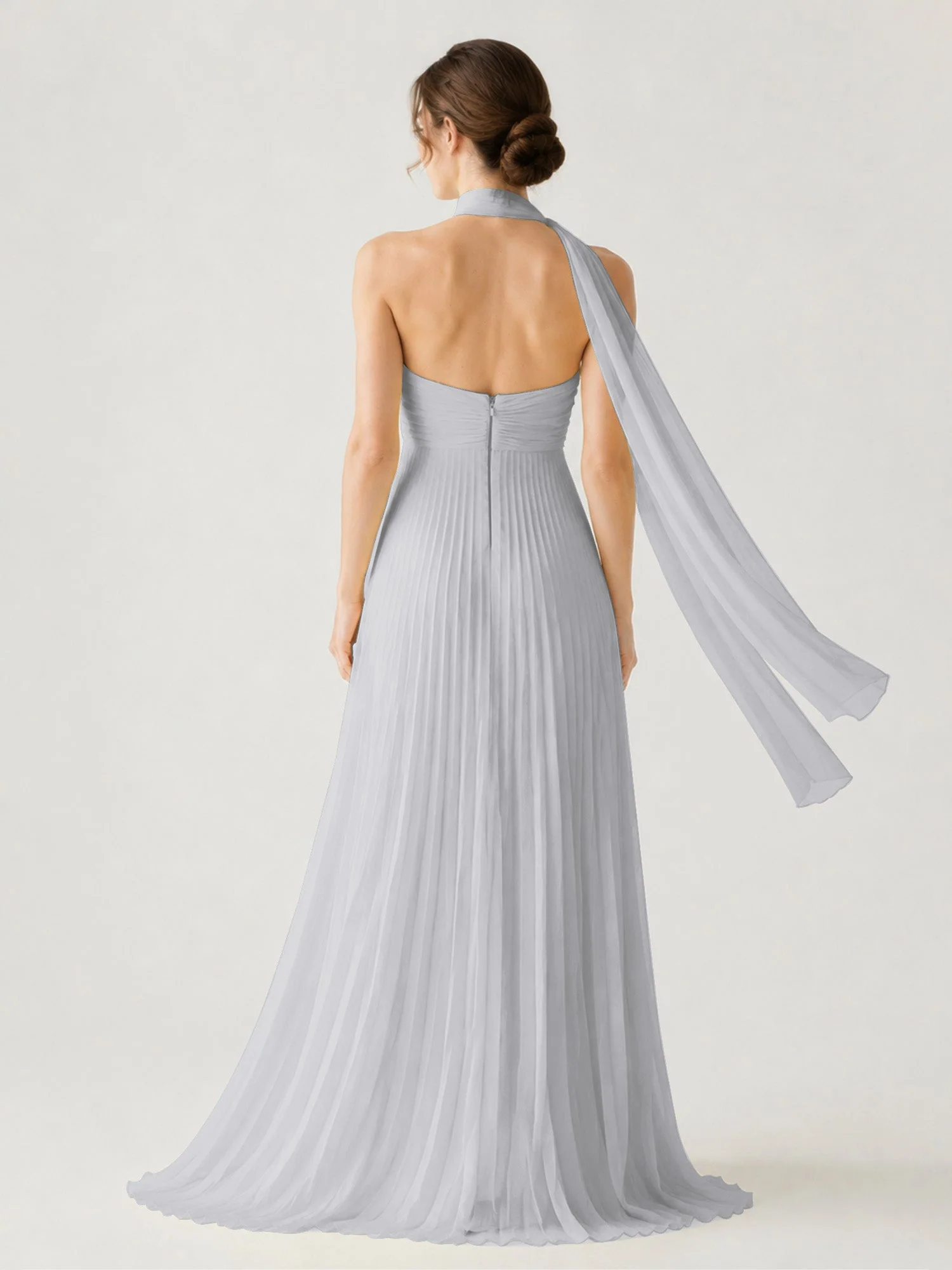 Plissiertes Chiffon-Maxikleid Ohne Träger Mit Halstuch Silber - Image 2