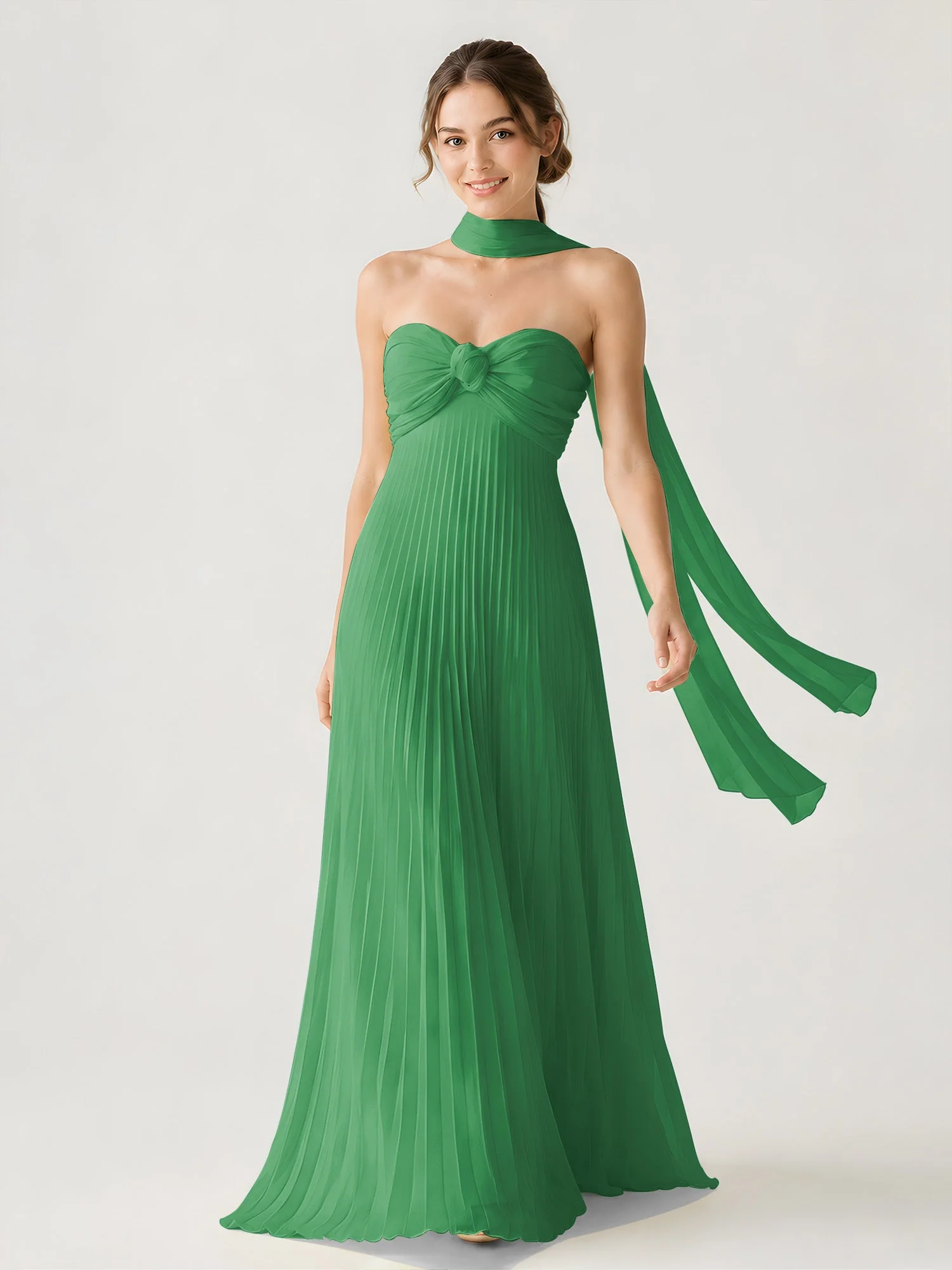 Plissiertes Chiffon-Maxikleid Ohne Träger Mit Halstuch Smaragd