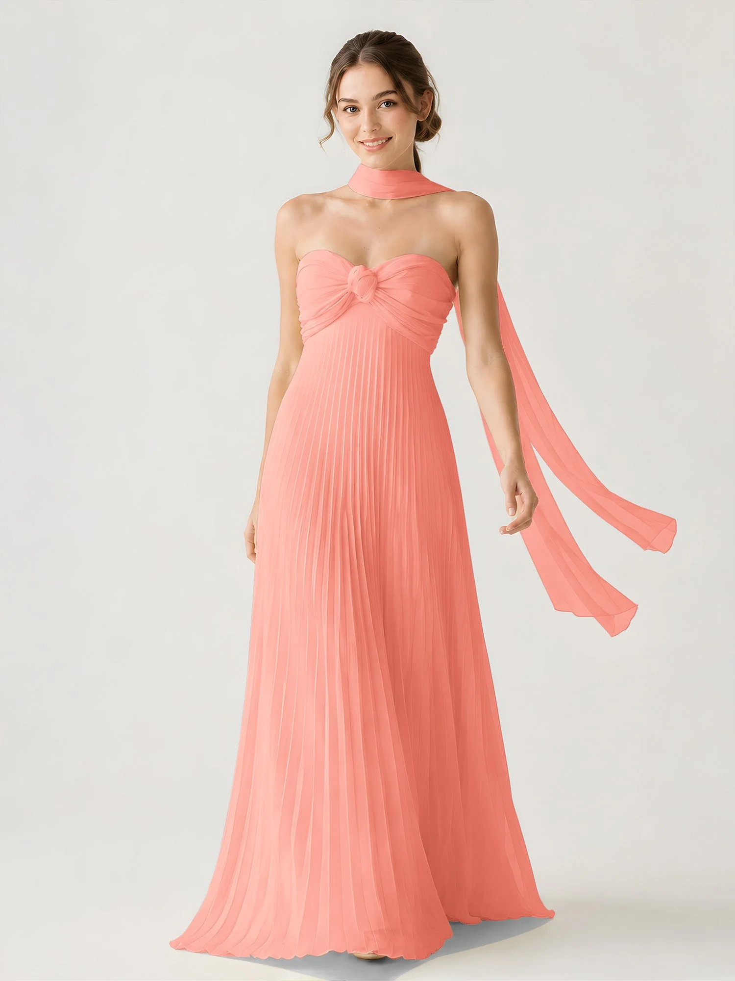 Plissiertes Chiffon-Maxikleid Ohne Träger Mit Halstuch Sonnenuntergang
