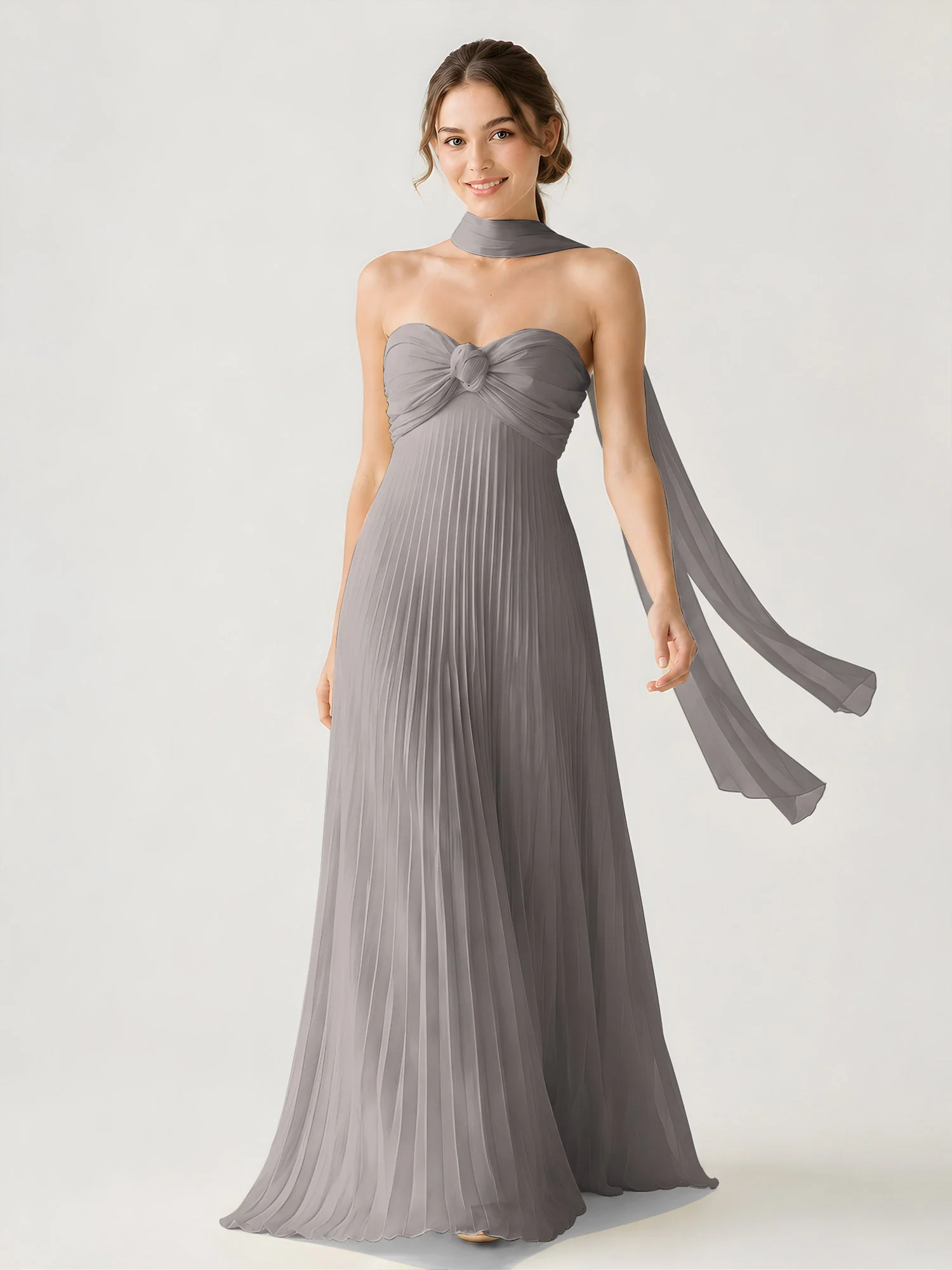 Plissiertes Chiffon-Maxikleid Ohne Träger Mit Halstuch Stahlgrau