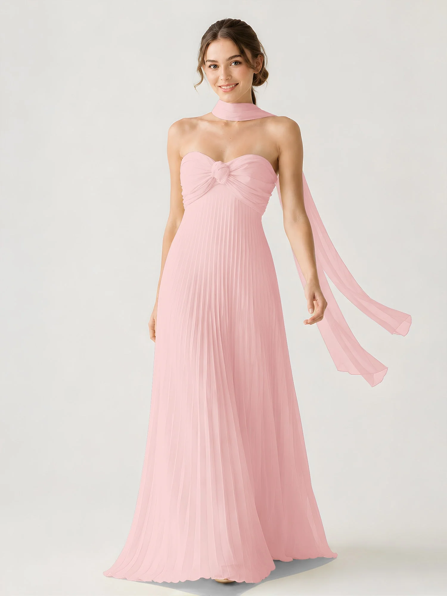 Plissiertes Chiffon-Maxikleid Ohne TrÀger Mit Halstuch Staubige Rosa