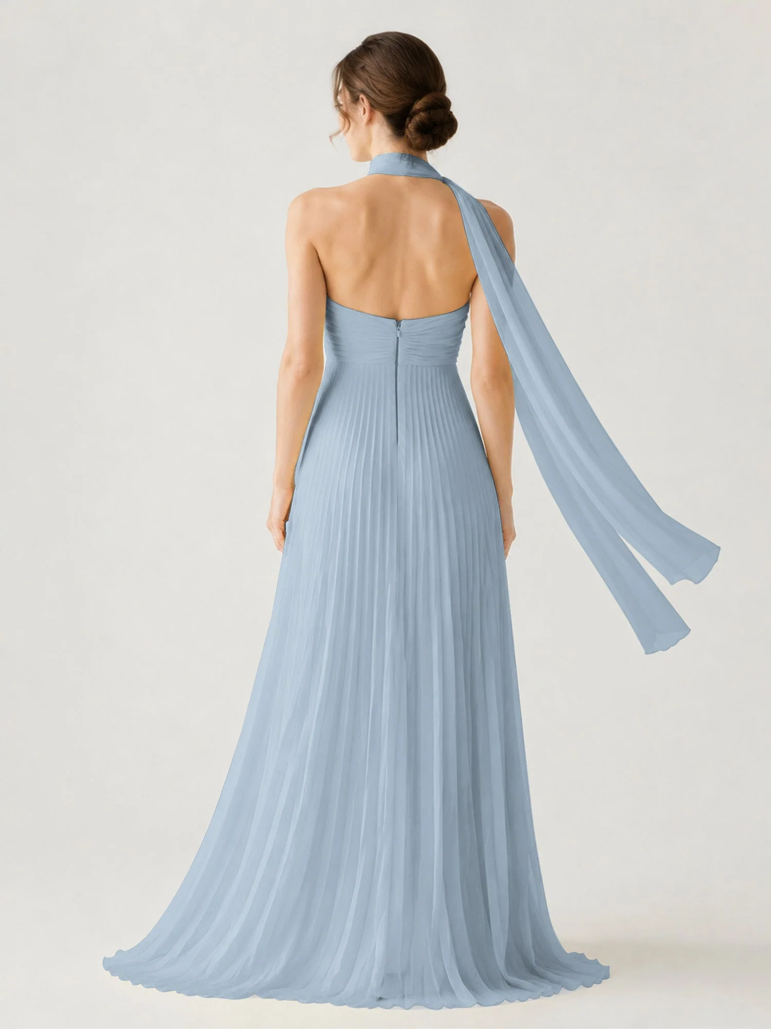 Plissiertes Chiffon-Maxikleid Ohne Träger Mit Halstuch Staubiges Blau - Image 2