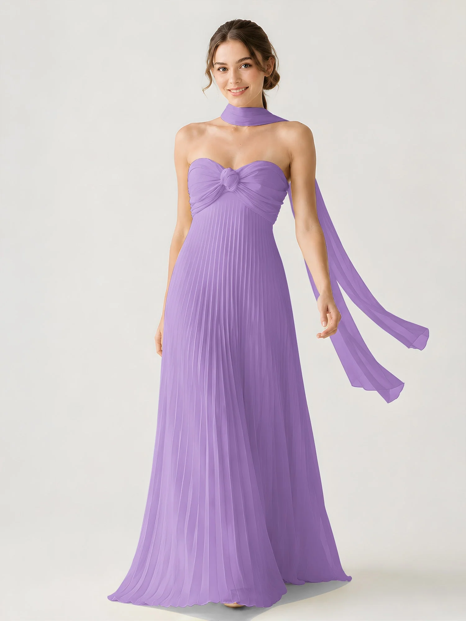 Plissiertes Chiffon-Maxikleid Ohne Träger Mit Halstuch Tahiti