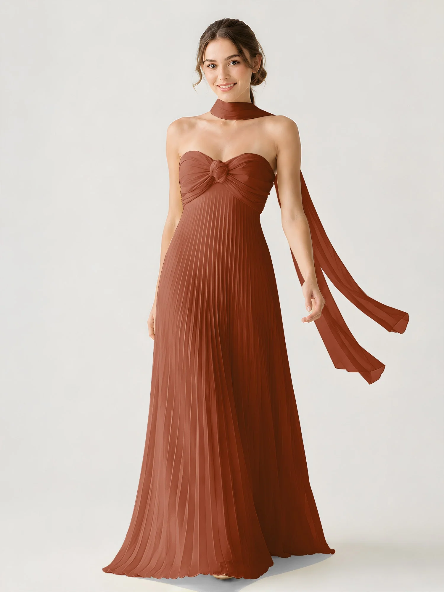 Plissiertes Chiffon-Maxikleid Ohne Träger Mit Halstuch Terrakotta