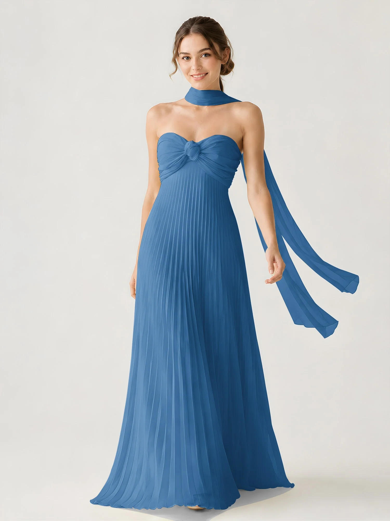 Plissiertes Chiffon-Maxikleid Ohne Träger Mit Halstuch Tinte Blau