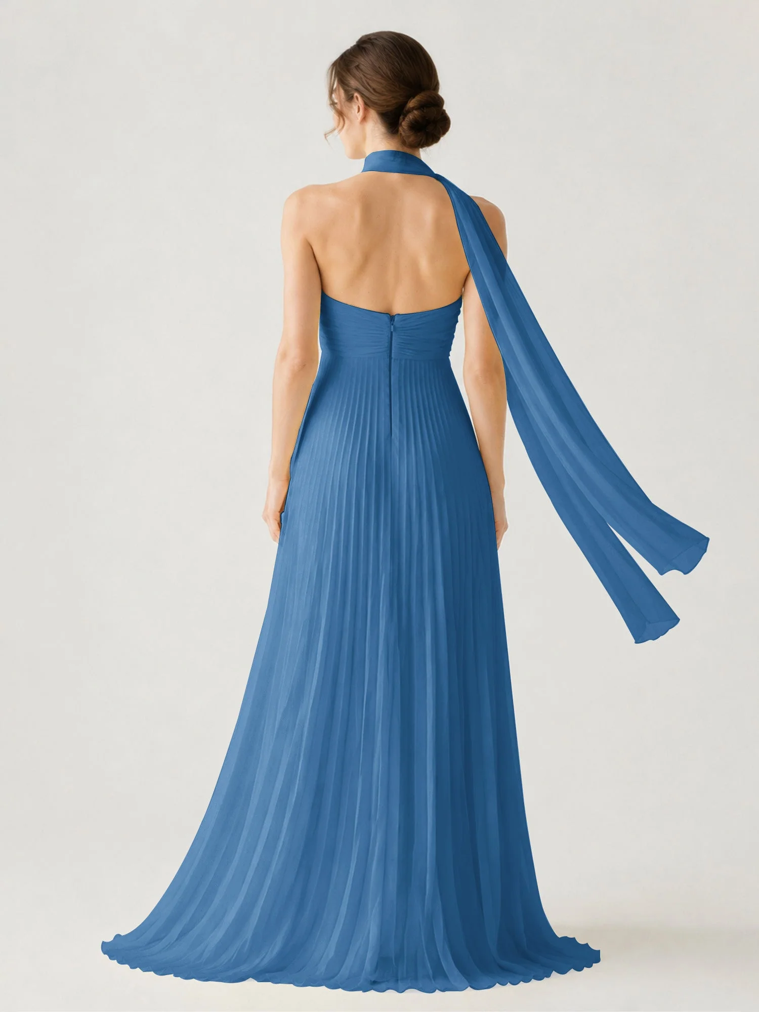 Plissiertes Chiffon-Maxikleid Ohne Träger Mit Halstuch Tinte Blau - Image 2