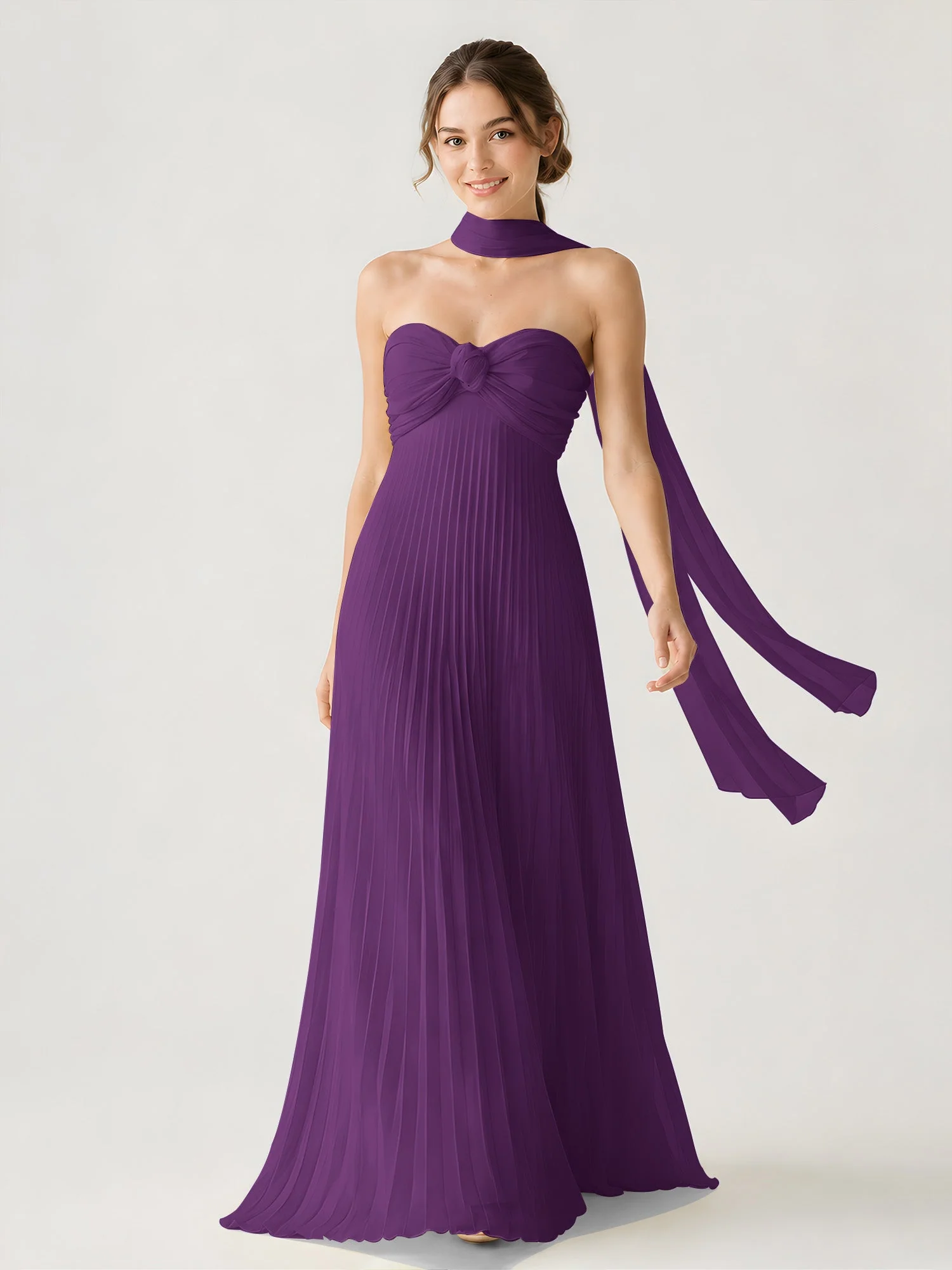 Plissiertes Chiffon-Maxikleid Ohne Träger Mit Halstuch Traube