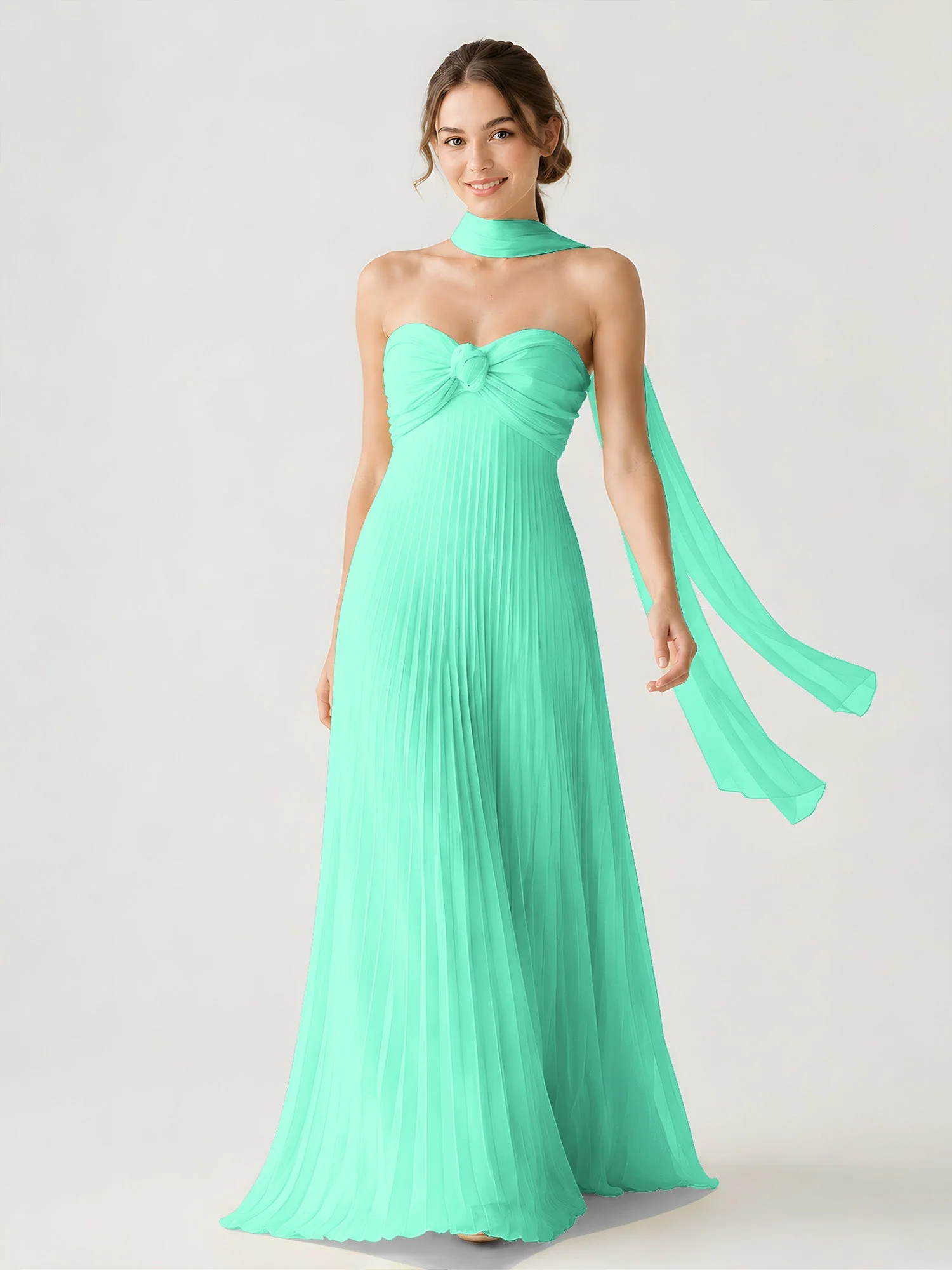 Plissiertes Chiffon-Maxikleid Ohne Träger Mit Halstuch Türkis