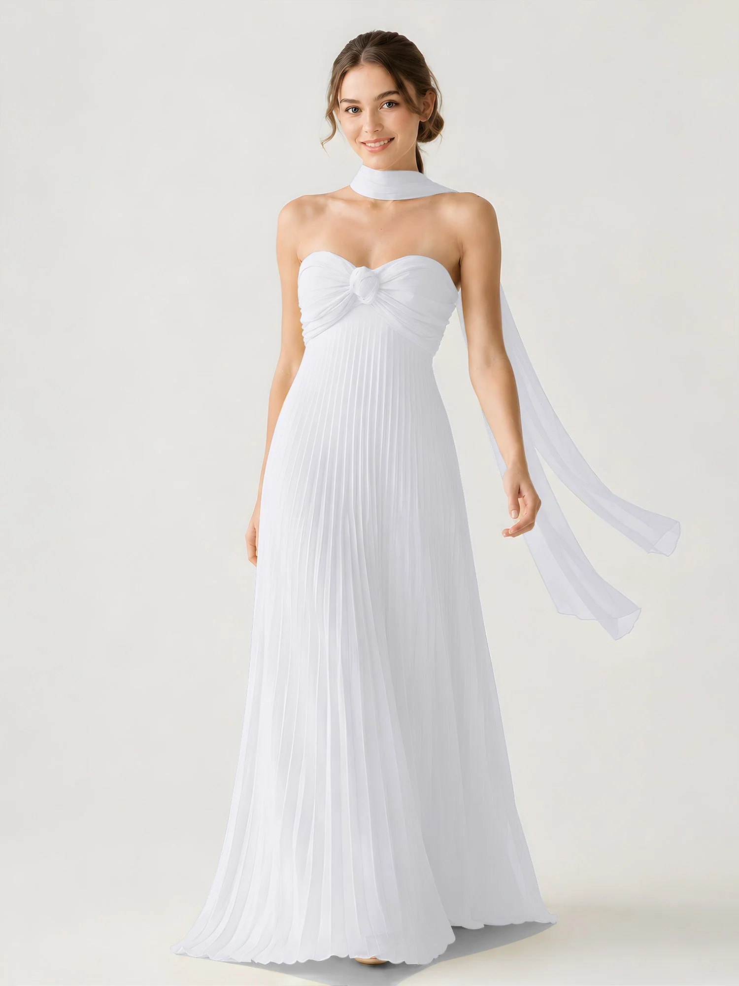 Plissiertes Chiffon-Maxikleid Ohne Träger Mit Halstuch Weiß