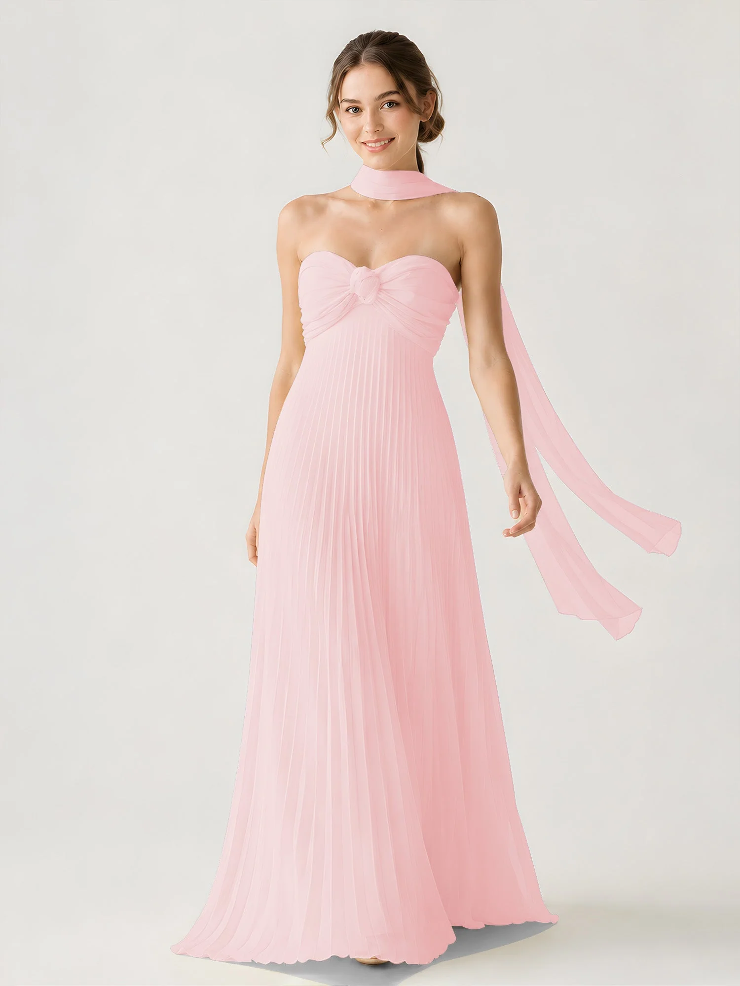 Plissiertes Chiffon-Maxikleid Ohne Träger Mit Halstuch Zartrosa