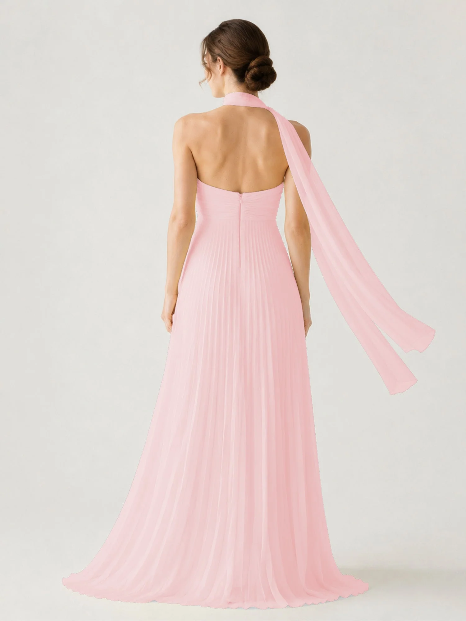 Plissiertes Chiffon-Maxikleid Ohne Träger Mit Halstuch Zartrosa - Image 2