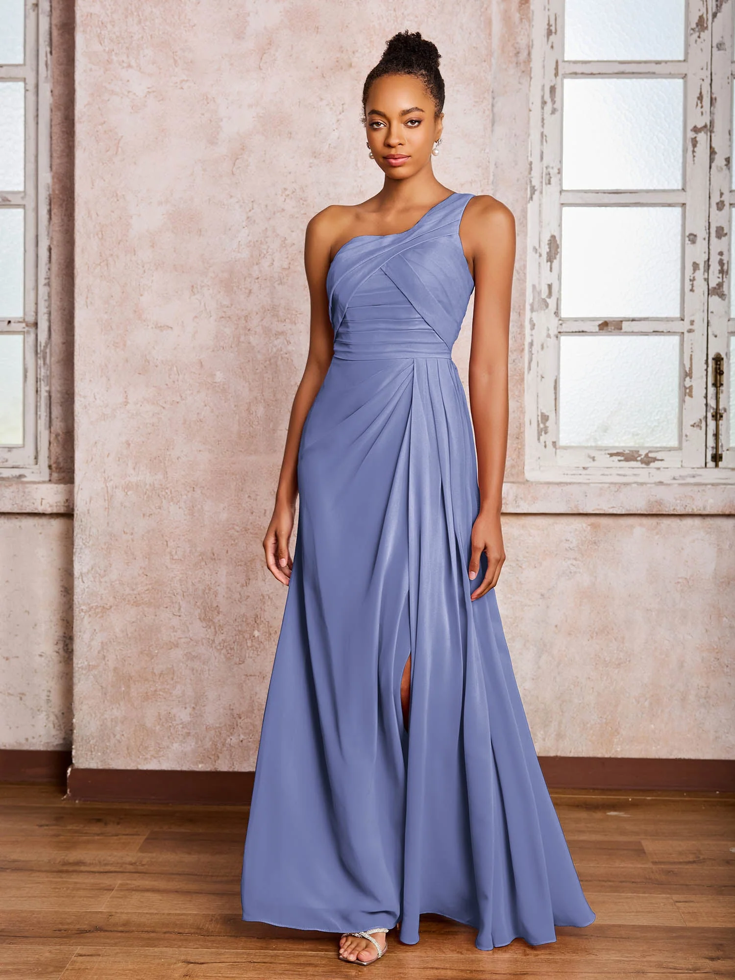 Rückenfrei Eine Schulter Plissee Chiffon Kleider mit Schlitz Periwinkleblau - Image 3