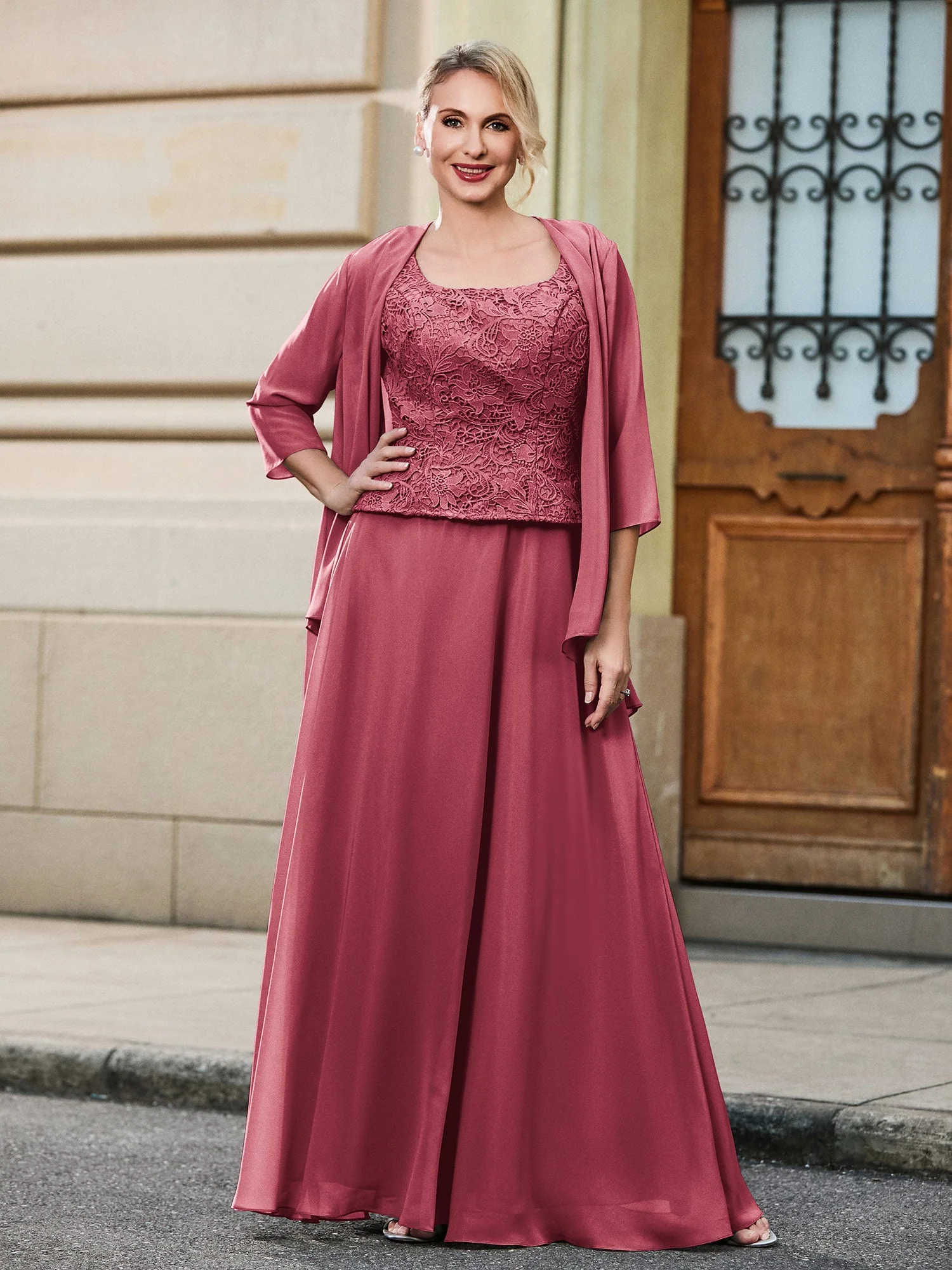 Rundhals Spitzenoberteil Chiffon A-Linie Rock Zweiteiliges Set Zimtrose