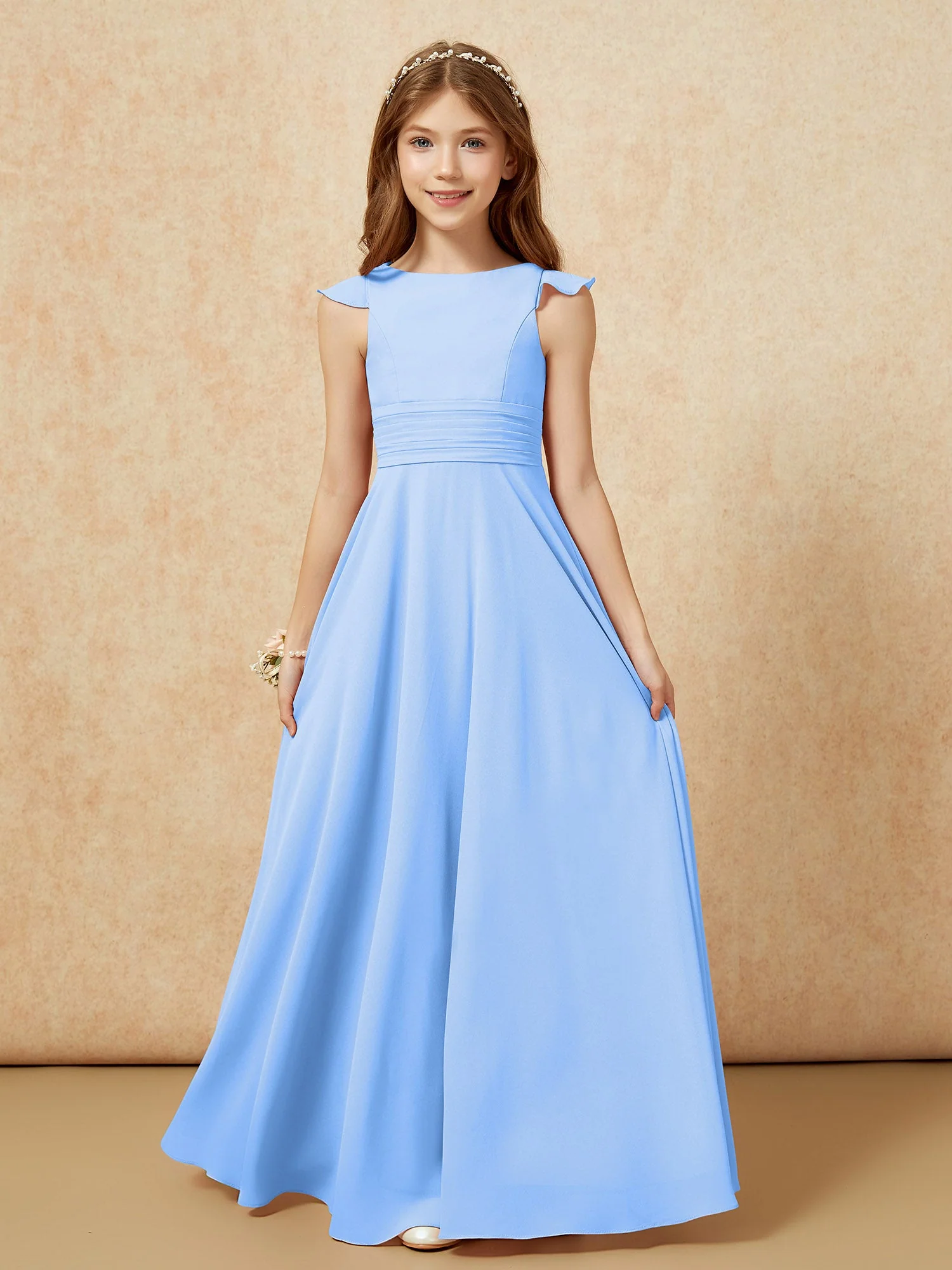 Rundhalsausschnitt Flatterärmel Chiffon Junge Brautjungfernkleider Blau
