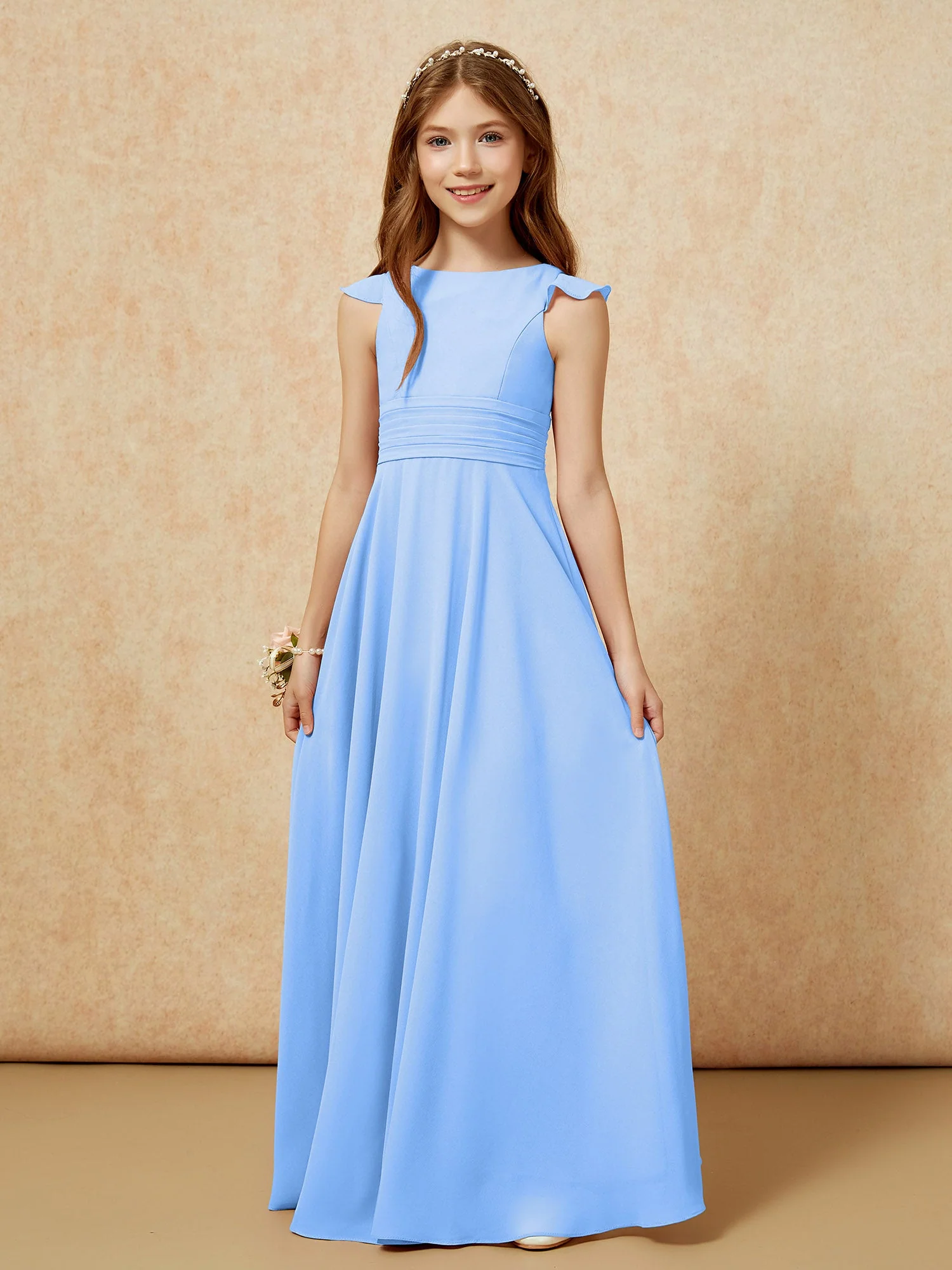 Rundhalsausschnitt Flatterärmel Chiffon Junge Brautjungfernkleider Blau - Image 6
