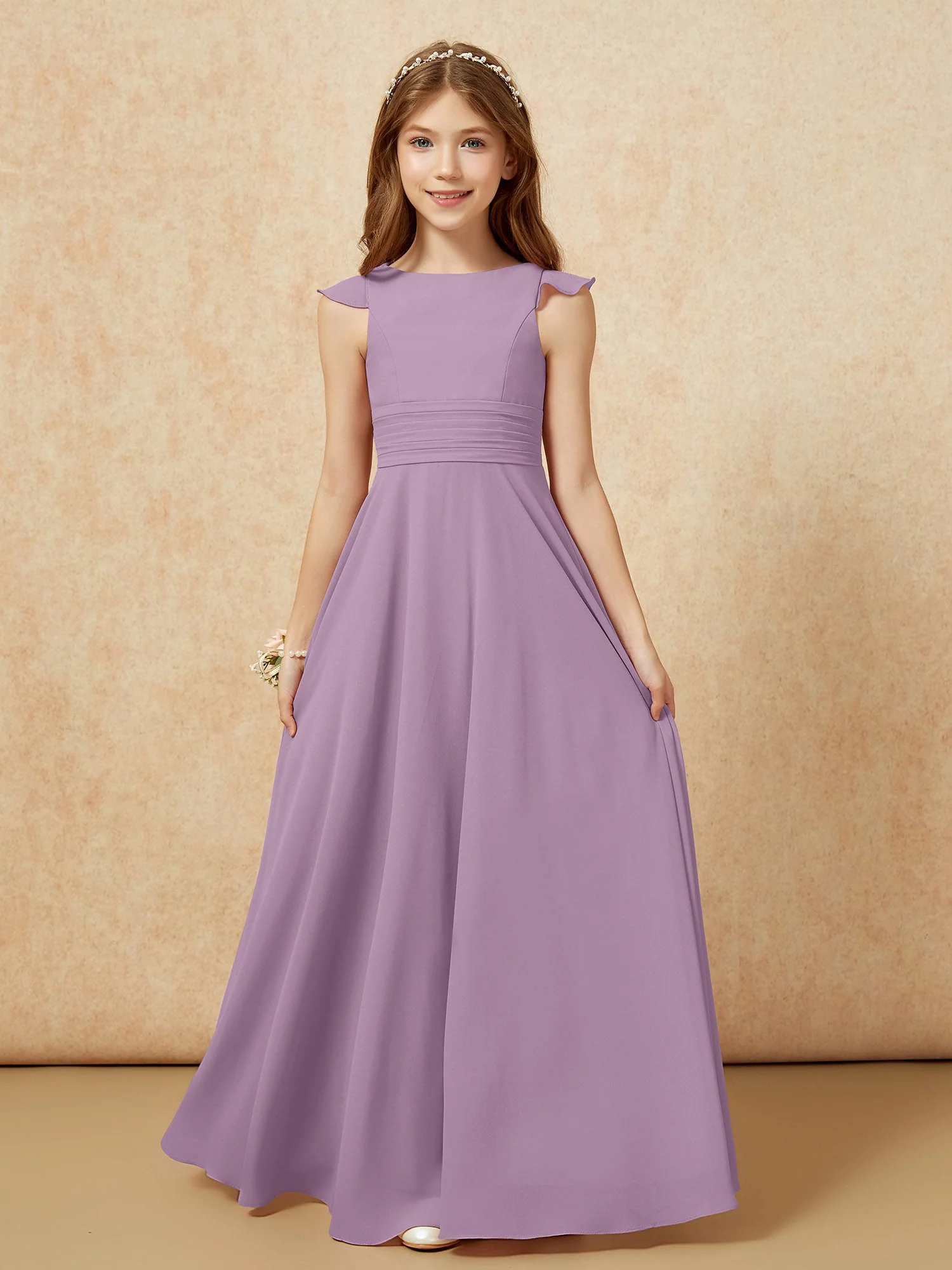 Rundhalsausschnitt Flatterärmel Chiffon Junge Brautjungfernkleider Blauregen
