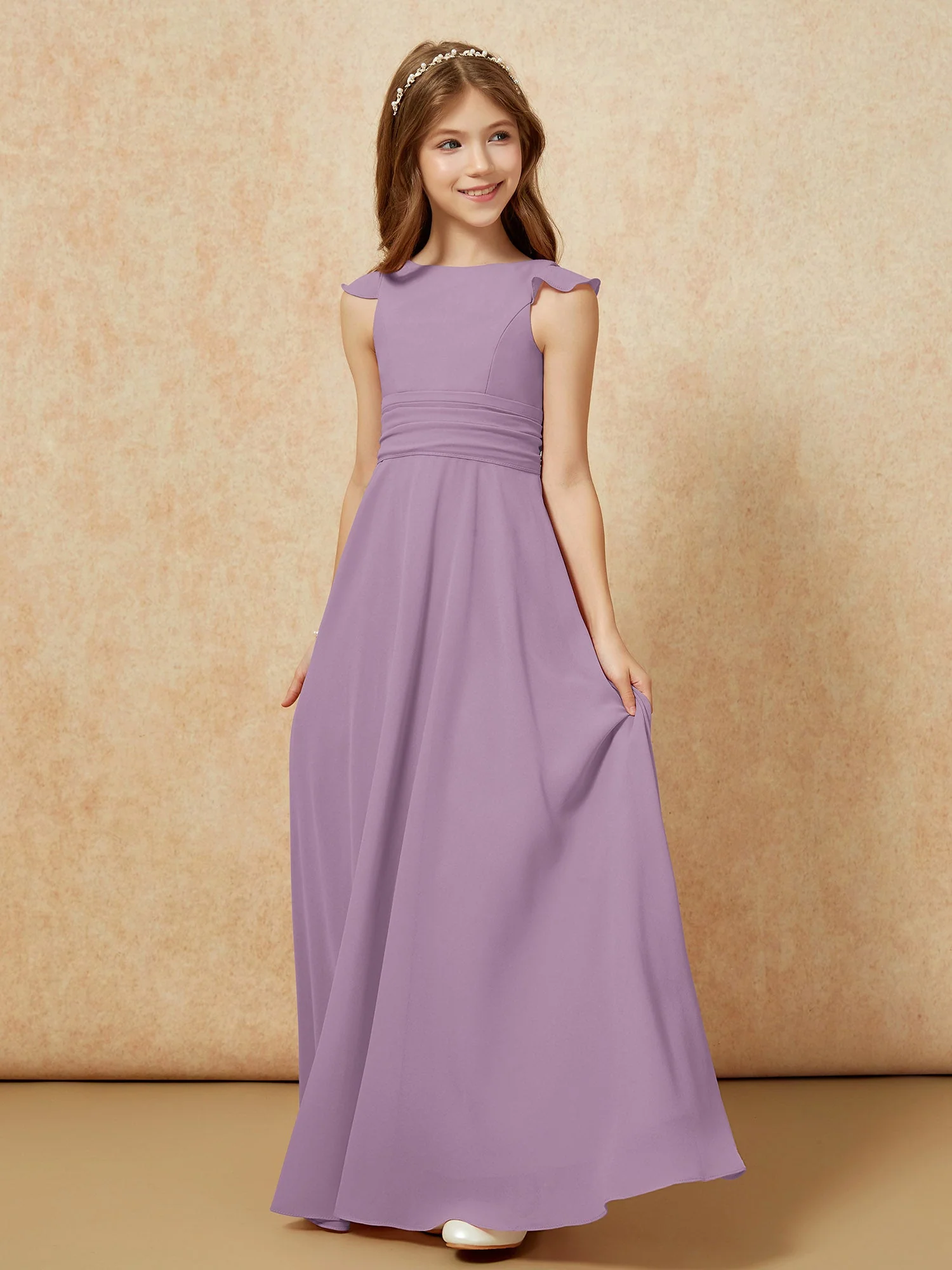 Rundhalsausschnitt Flatterärmel Chiffon Junge Brautjungfernkleider Blauregen - Image 3