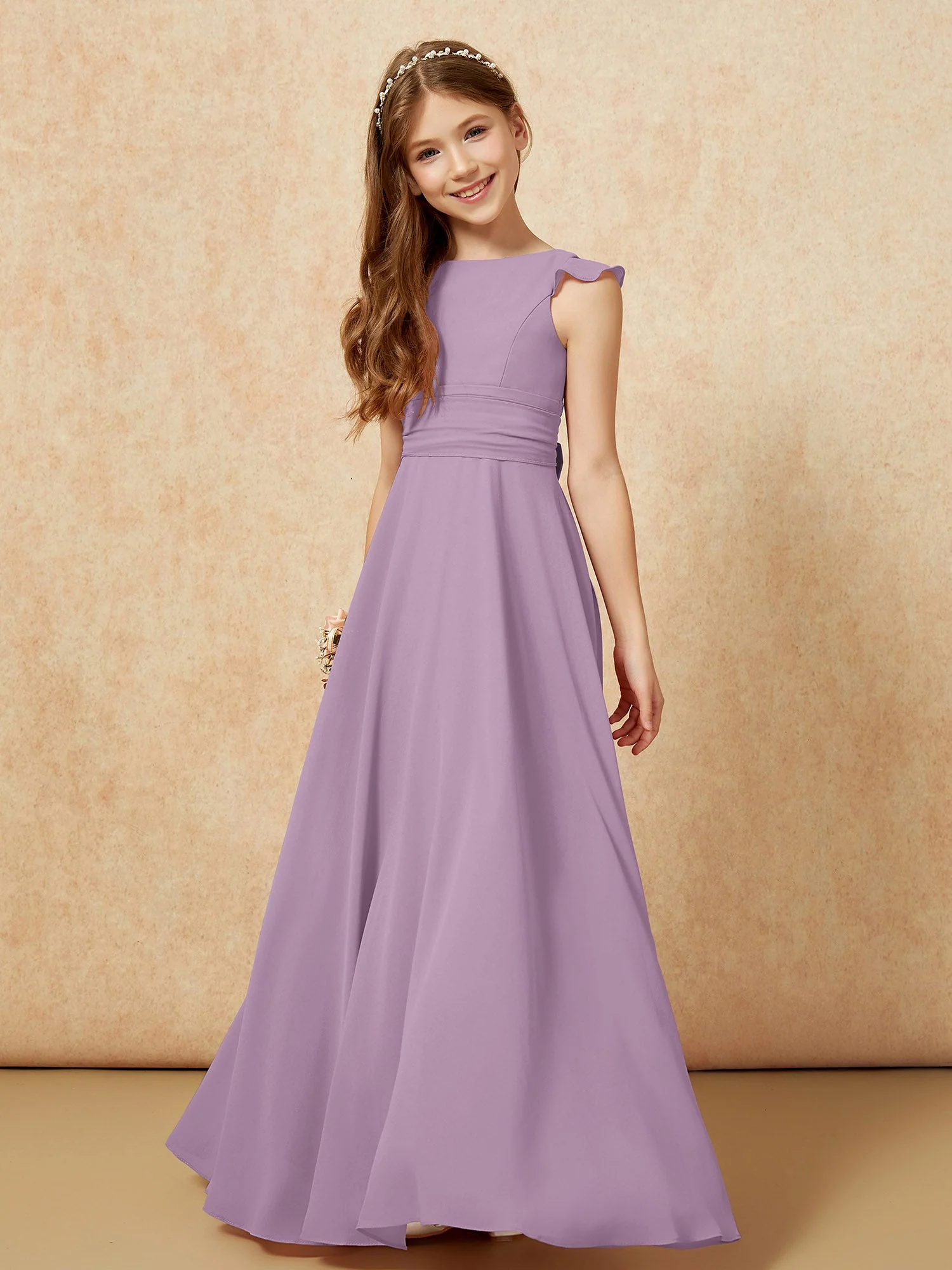 Rundhalsausschnitt Flatterärmel Chiffon Junge Brautjungfernkleider Blauregen - Image 4