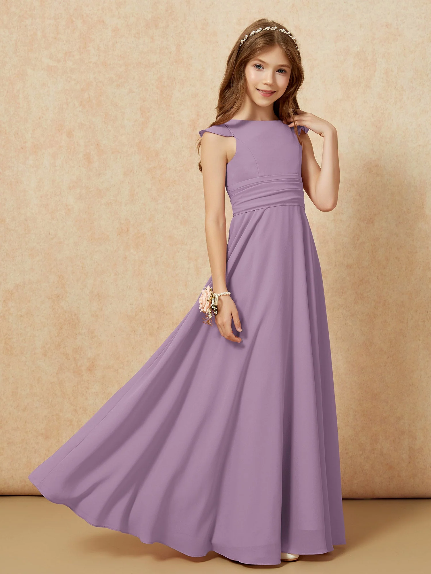 Rundhalsausschnitt Flatterärmel Chiffon Junge Brautjungfernkleider Blauregen - Image 7