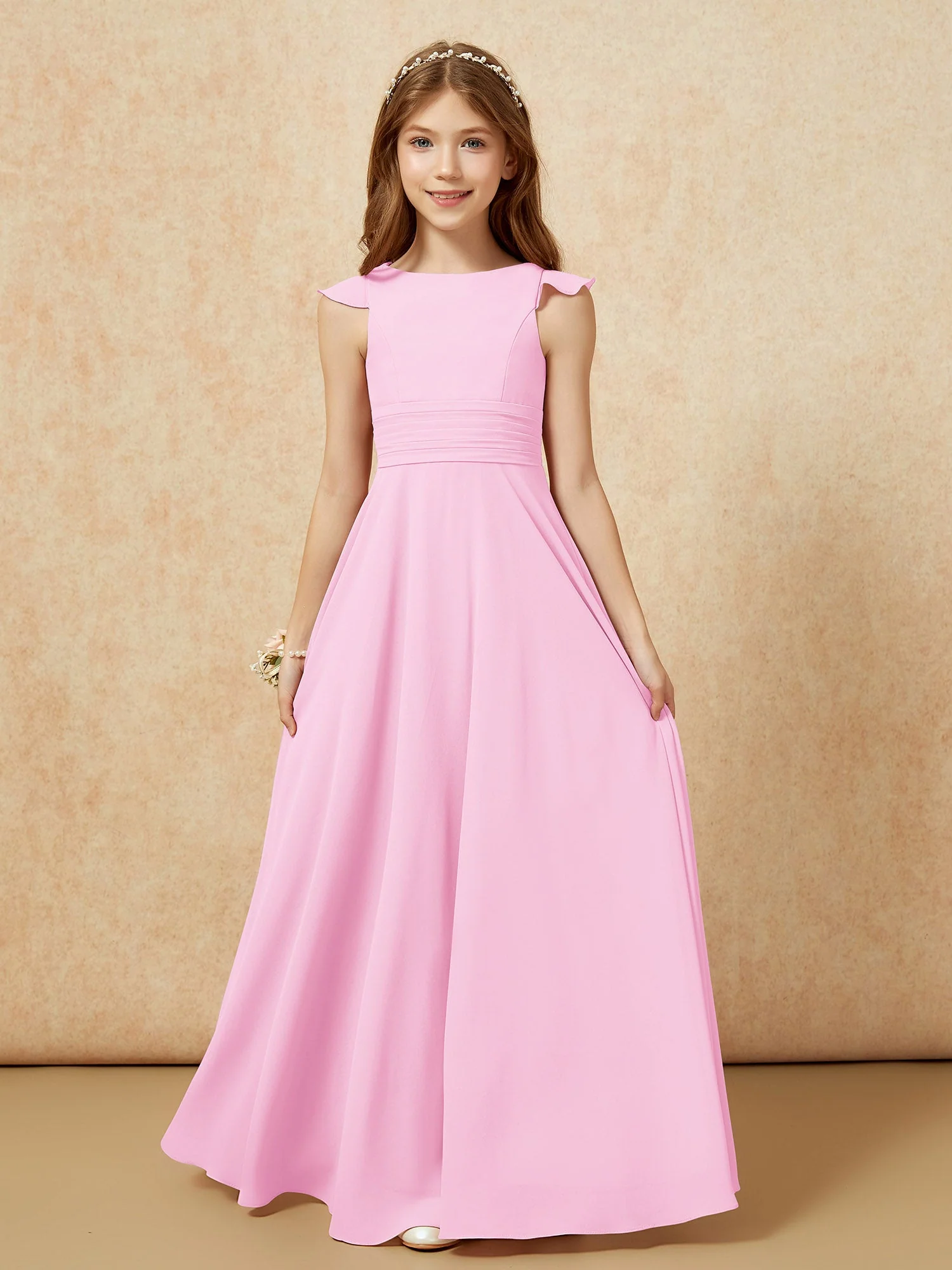 Rundhalsausschnitt Flatterärmel Chiffon Junge Brautjungfernkleider Bonbonrosa
