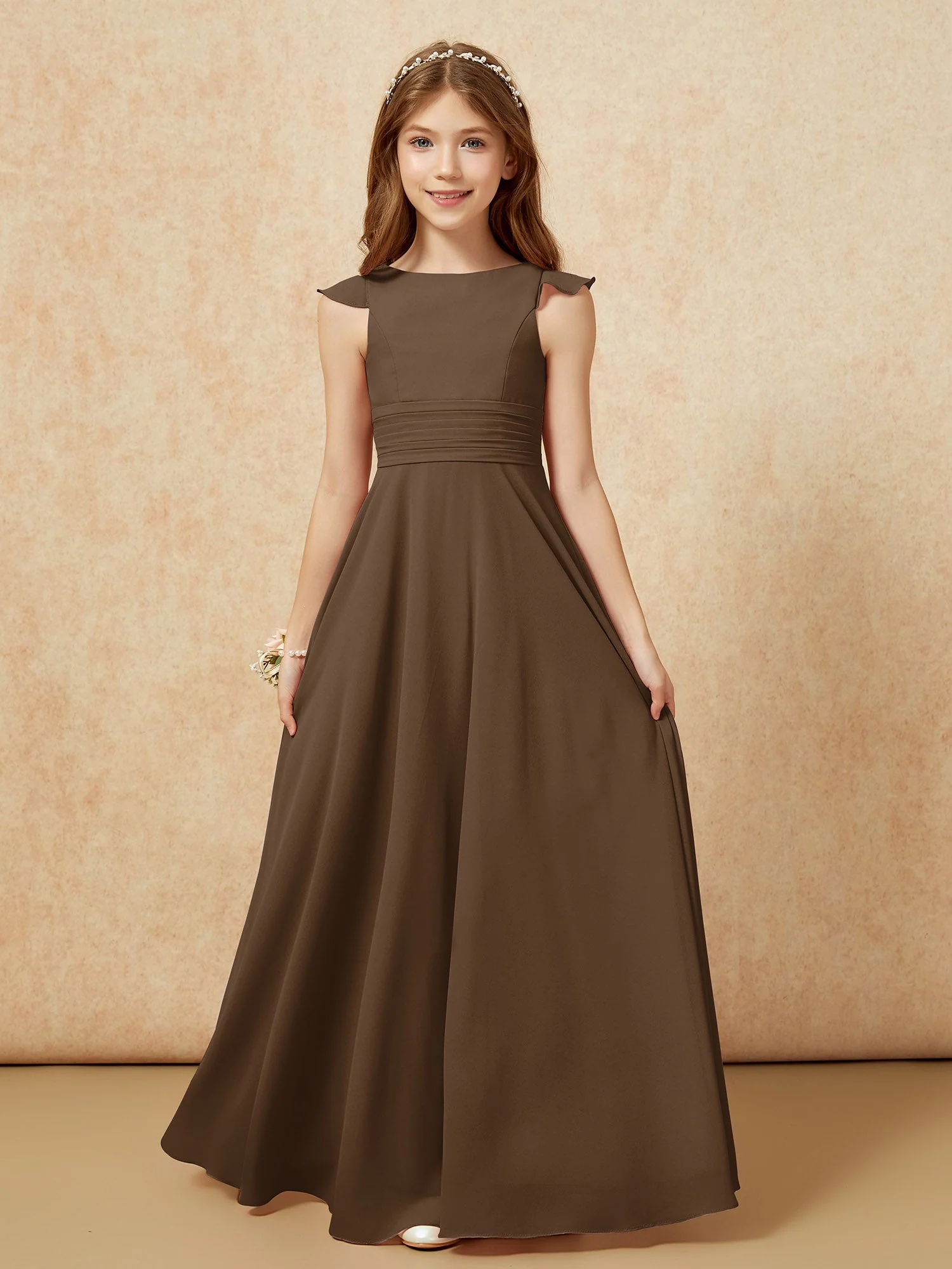 Rundhalsausschnitt Flatterärmel Chiffon Junge Brautjungfernkleider Braun