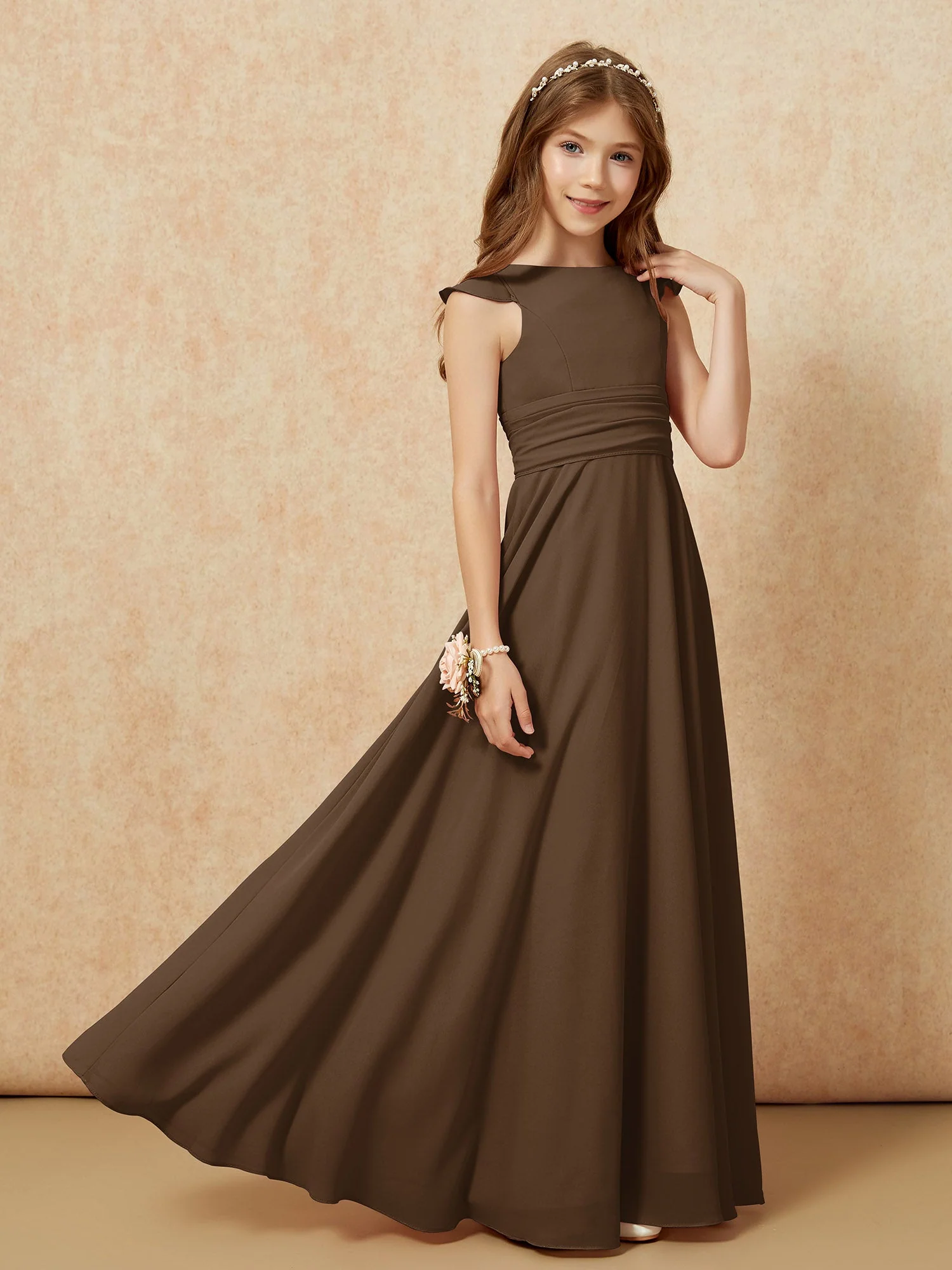 Rundhalsausschnitt Flatterärmel Chiffon Junge Brautjungfernkleider Braun - Image 7