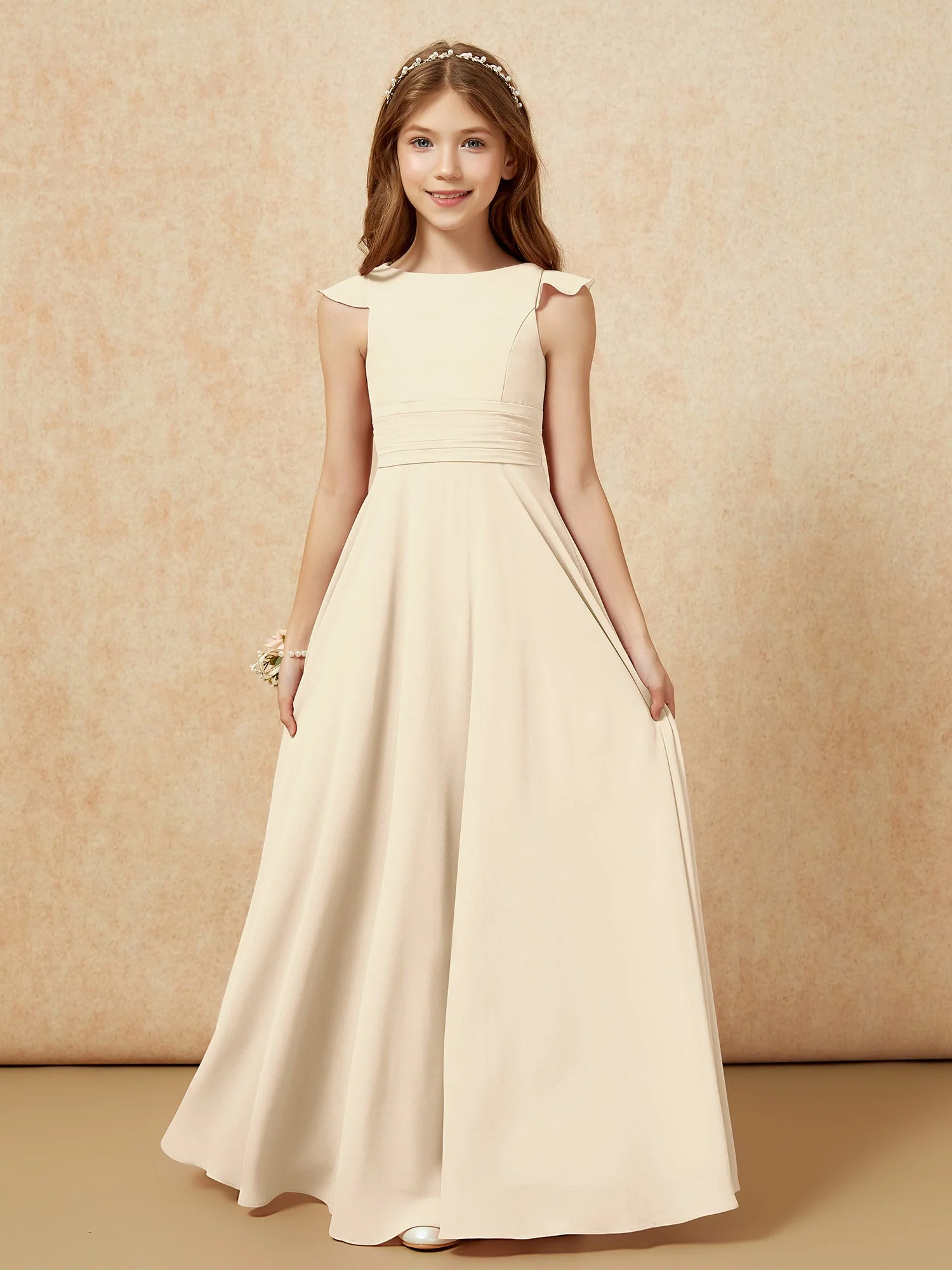 Rundhalsausschnitt Flatterärmel Chiffon Junge Brautjungfernkleider Champagner