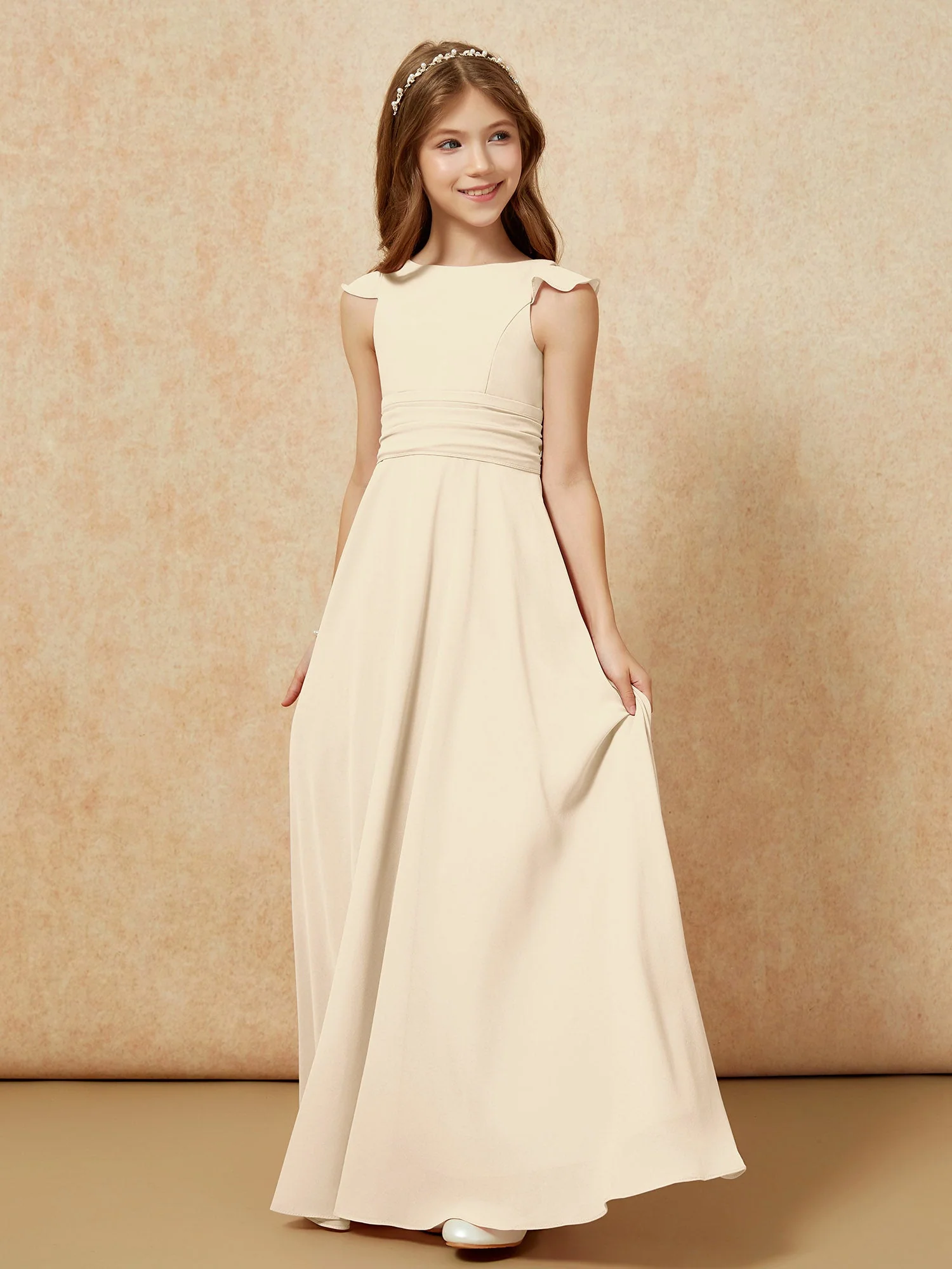 Rundhalsausschnitt Flatterärmel Chiffon Junge Brautjungfernkleider Champagner - Image 3