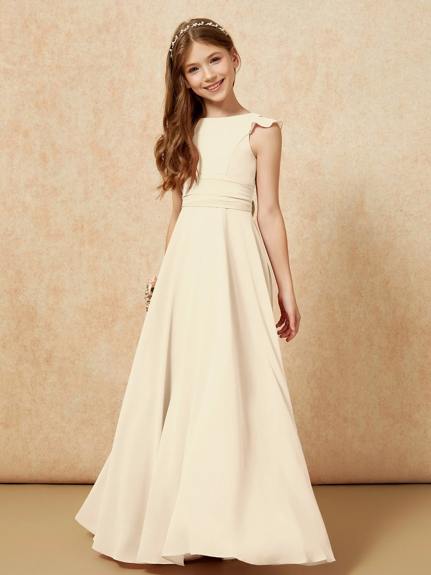 Rundhalsausschnitt Flatterärmel Chiffon Junge Brautjungfernkleider Champagner - Image 4