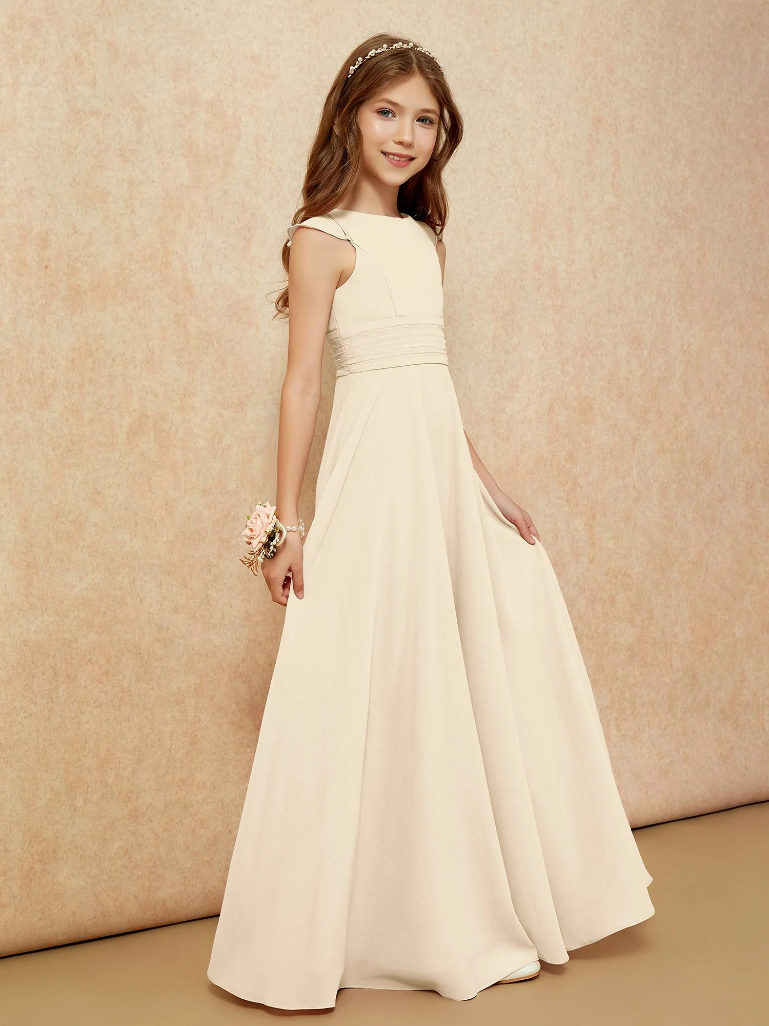 Rundhalsausschnitt Flatterärmel Chiffon Junge Brautjungfernkleider Champagner - Image 5