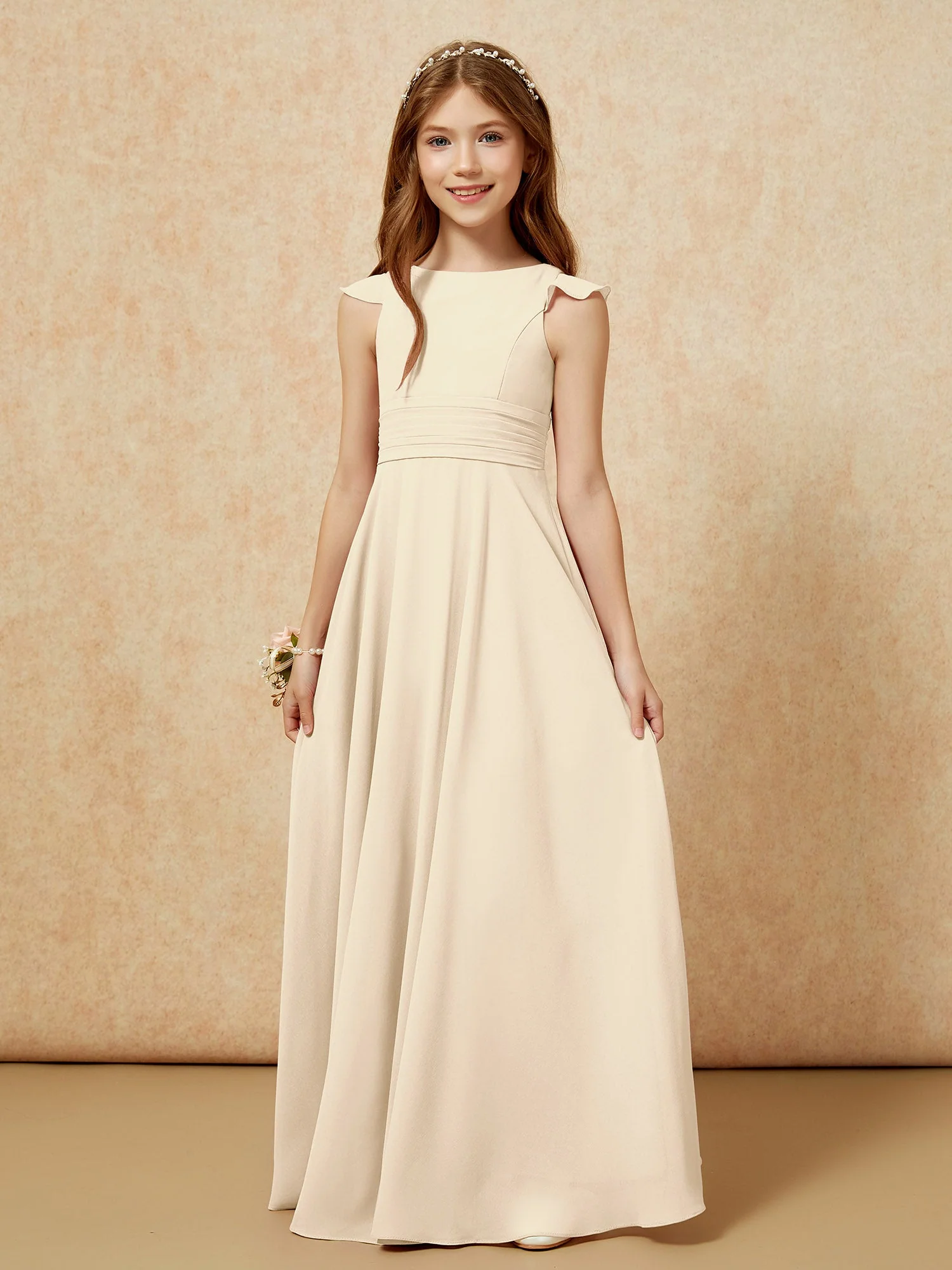Rundhalsausschnitt Flatterärmel Chiffon Junge Brautjungfernkleider Champagner - Image 6