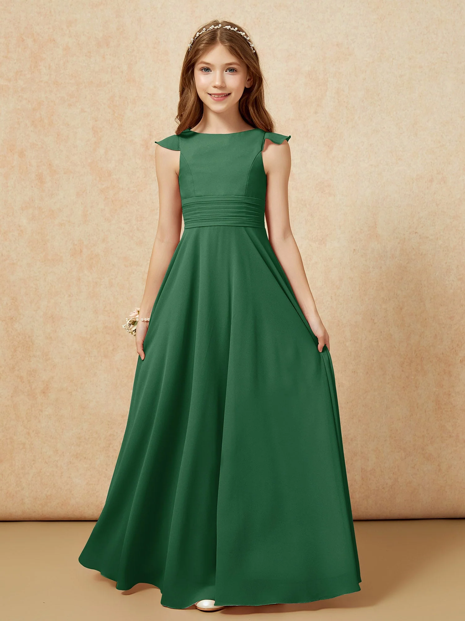 Rundhalsausschnitt Flatterärmel Chiffon Junge Brautjungfernkleider Dunkelgrün