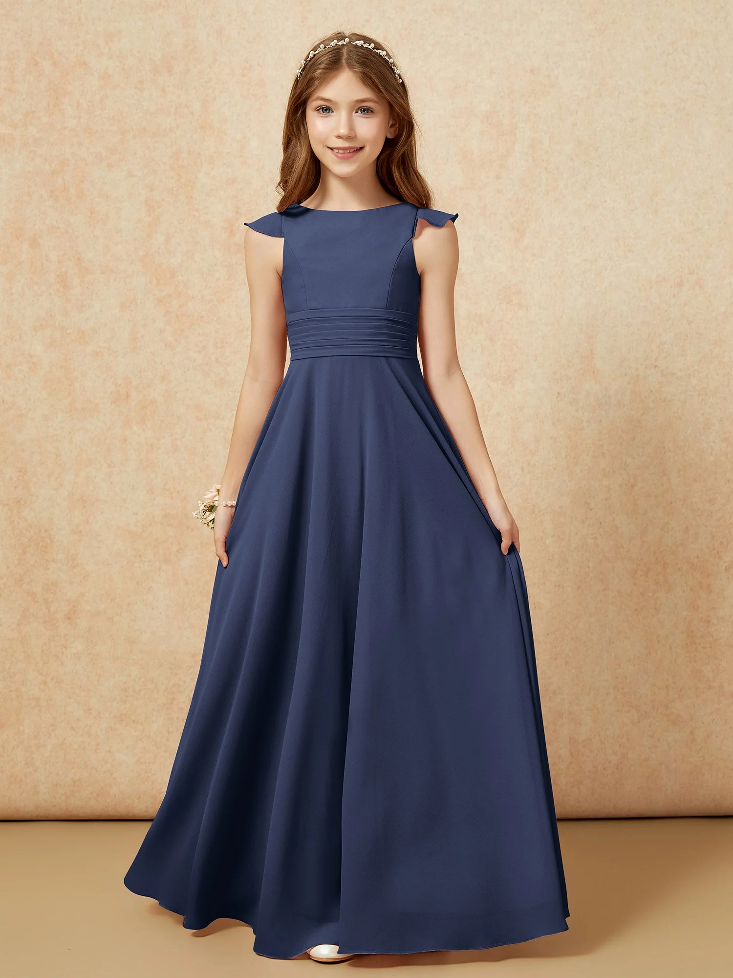 Rundhalsausschnitt Flatterärmel Chiffon Junge Brautjungfernkleider Dunkelmarine