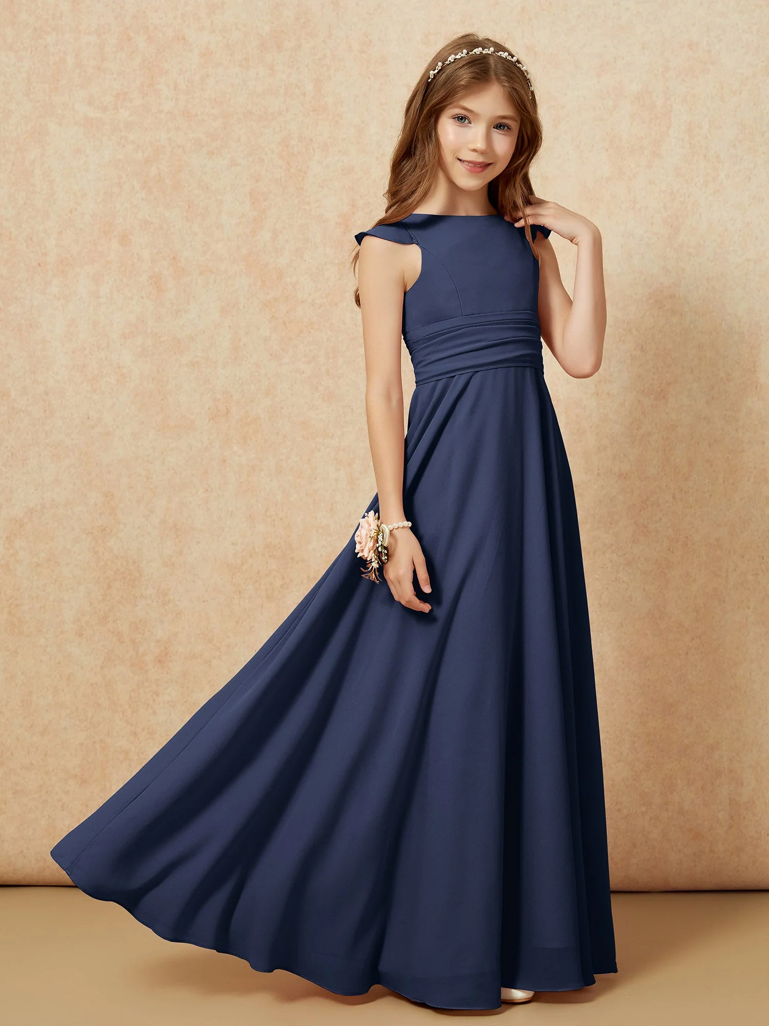 Rundhalsausschnitt Flatterärmel Chiffon Junge Brautjungfernkleider Dunkelmarine - Image 7