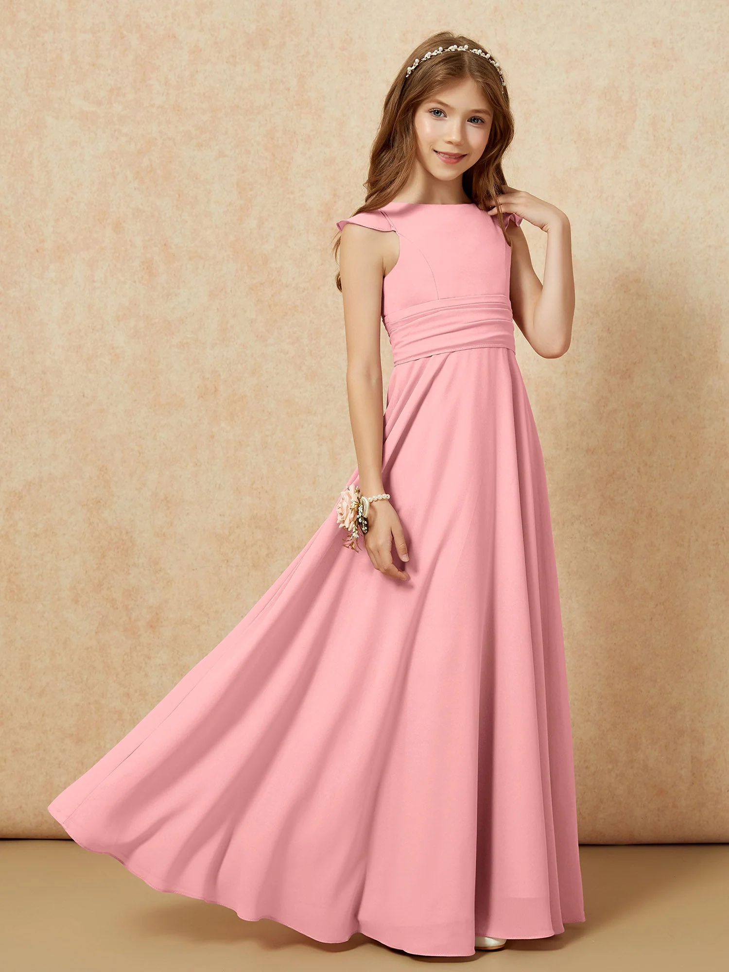 Rundhalsausschnitt Flatterärmel Chiffon Junge Brautjungfernkleider Flamingo - Image 7