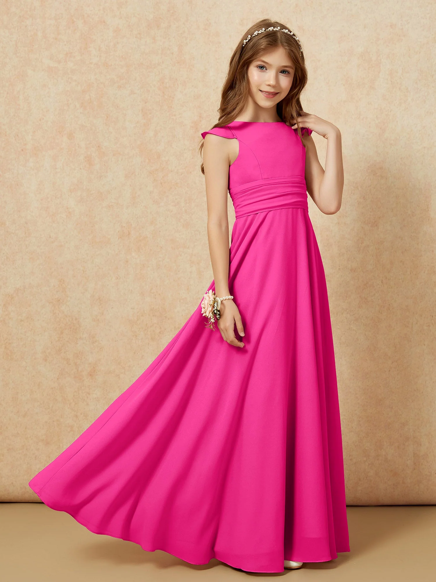 Rundhalsausschnitt Flatterärmel Chiffon Junge Brautjungfernkleider Fuchsia - Image 7