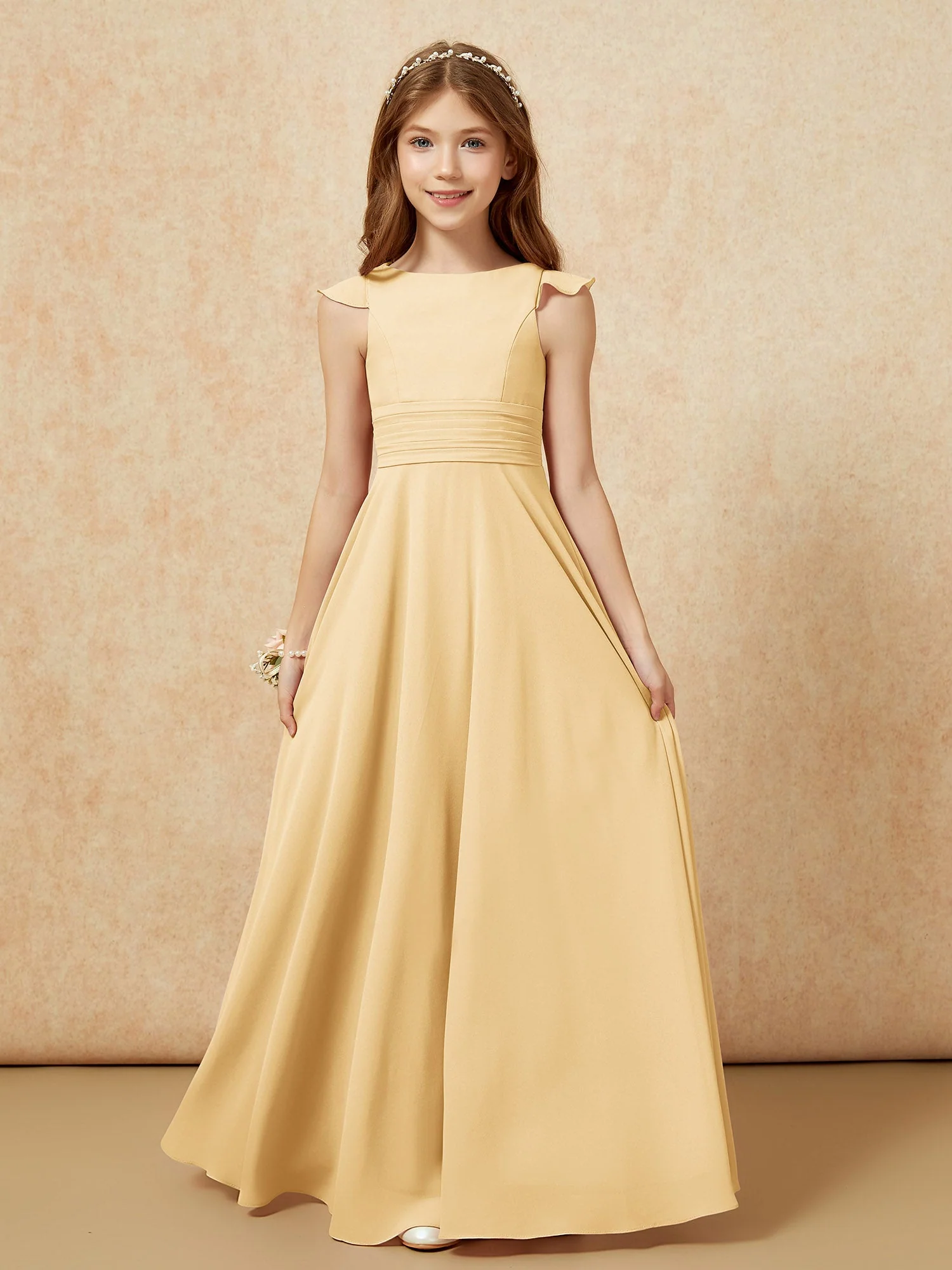 Rundhalsausschnitt Flatterärmel Chiffon Junge Brautjungfernkleider Gold
