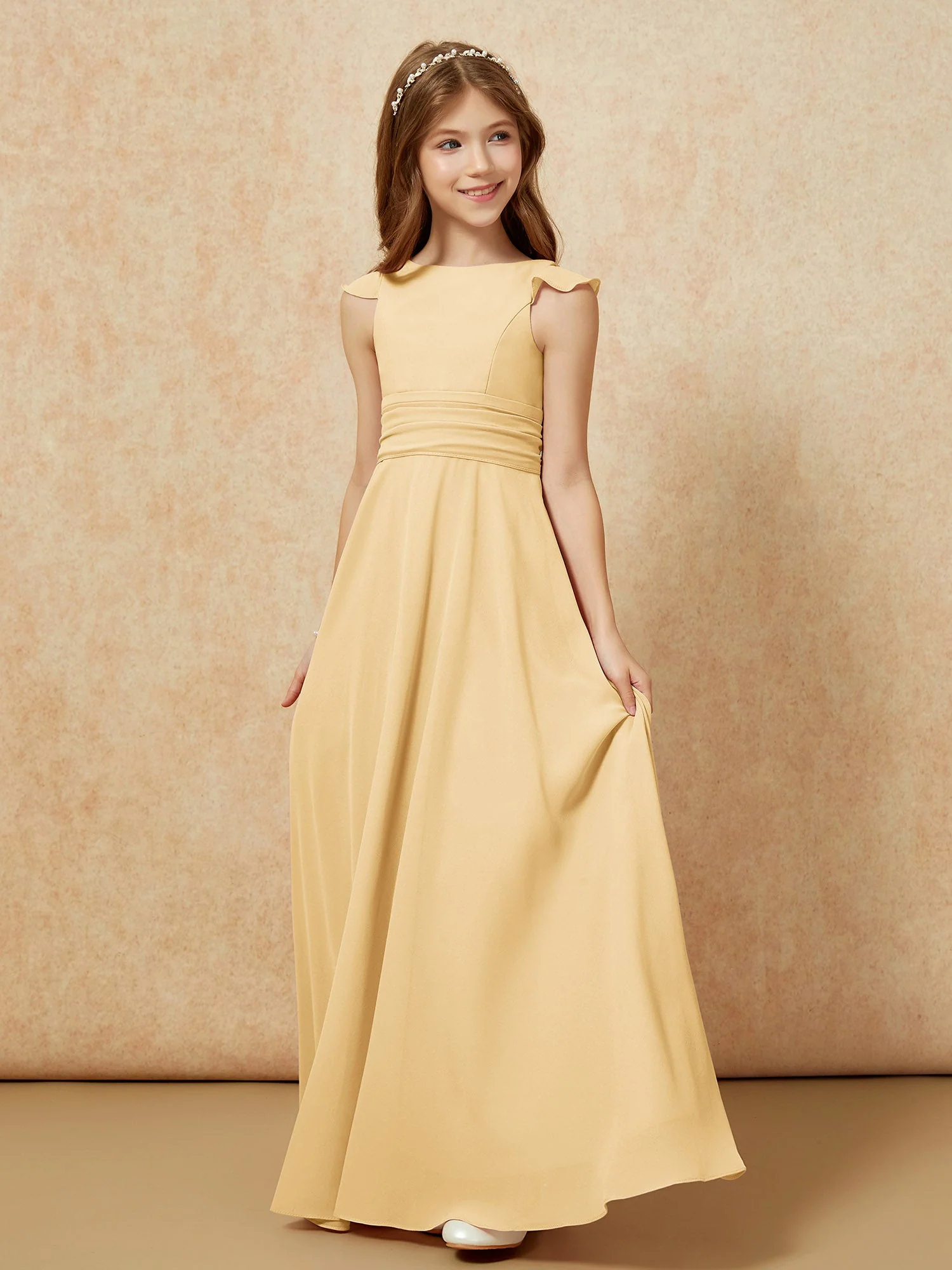 Rundhalsausschnitt Flatterärmel Chiffon Junge Brautjungfernkleider Gold - Image 3