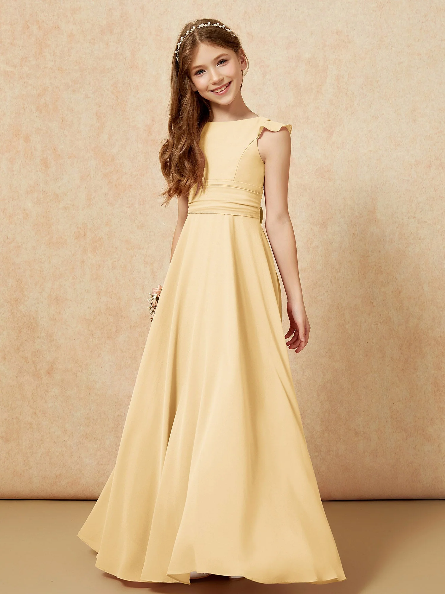 Rundhalsausschnitt Flatterärmel Chiffon Junge Brautjungfernkleider Gold - Image 4