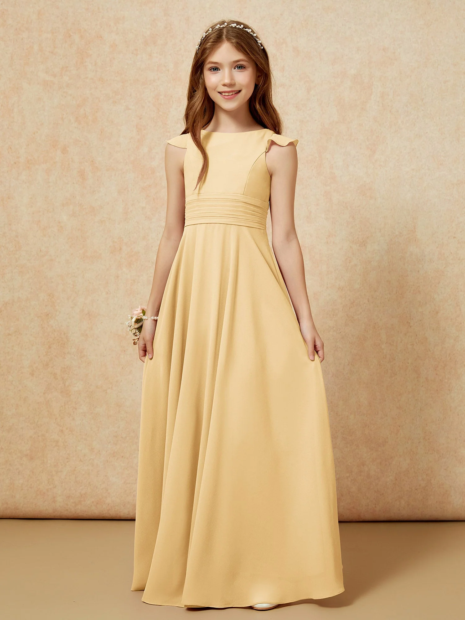 Rundhalsausschnitt Flatterärmel Chiffon Junge Brautjungfernkleider Gold - Image 6