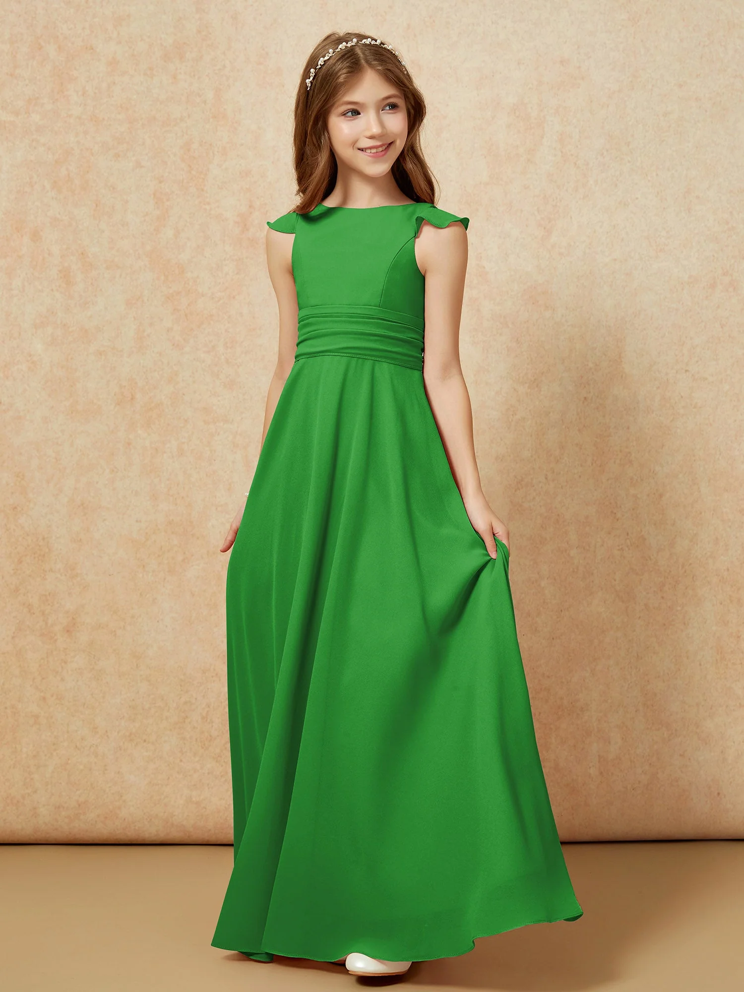 Rundhalsausschnitt Flatterärmel Chiffon Junge Brautjungfernkleider Grün - Image 3