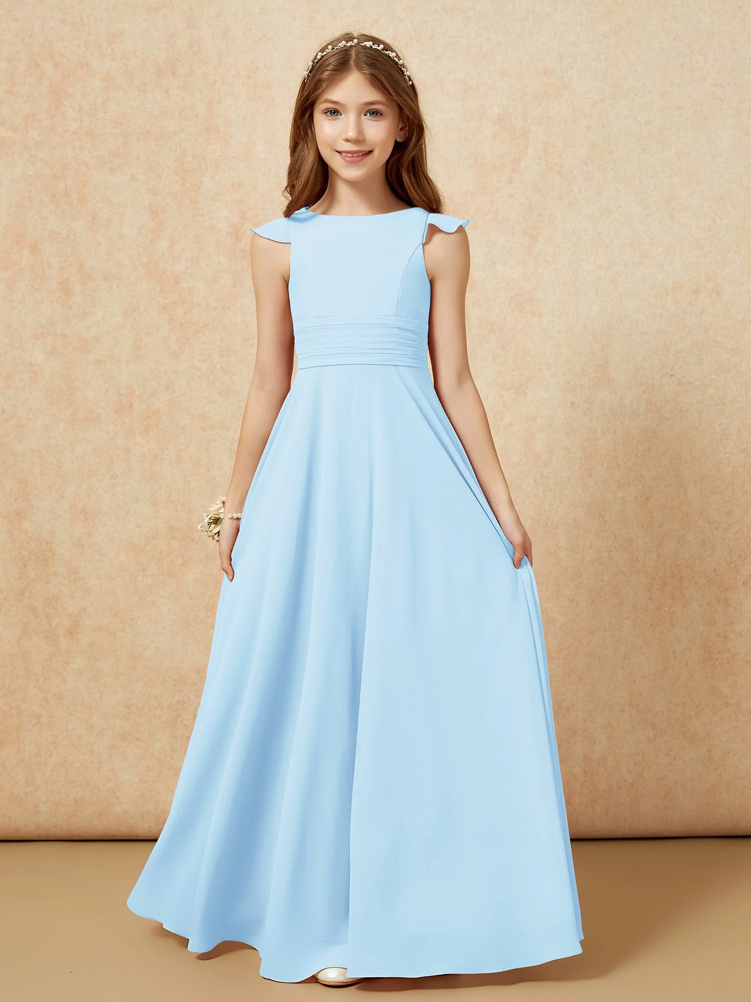 Rundhalsausschnitt Flatterärmel Chiffon Junge Brautjungfernkleider Himmelblau