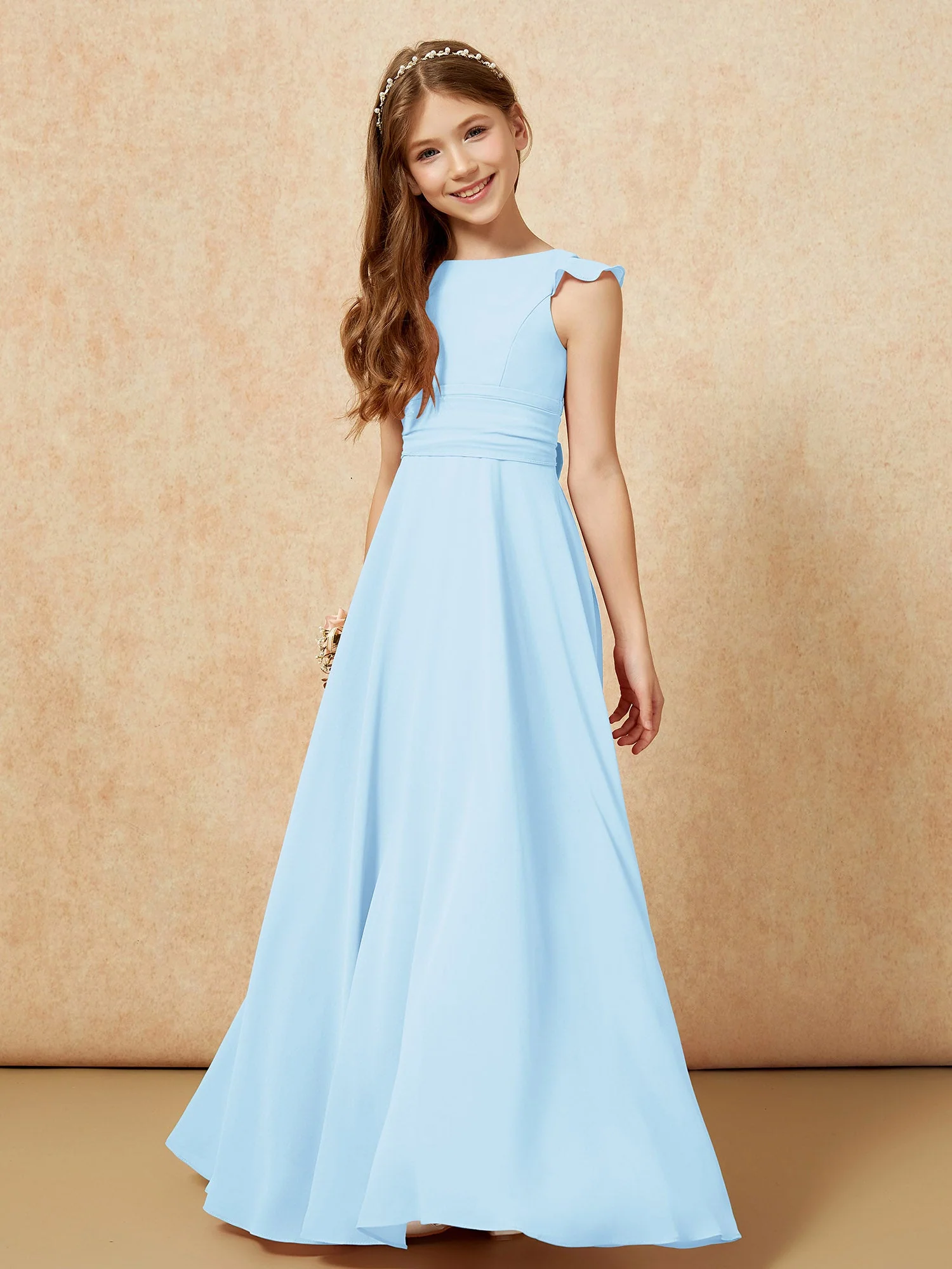 Rundhalsausschnitt Flatterärmel Chiffon Junge Brautjungfernkleider Himmelblau - Image 4