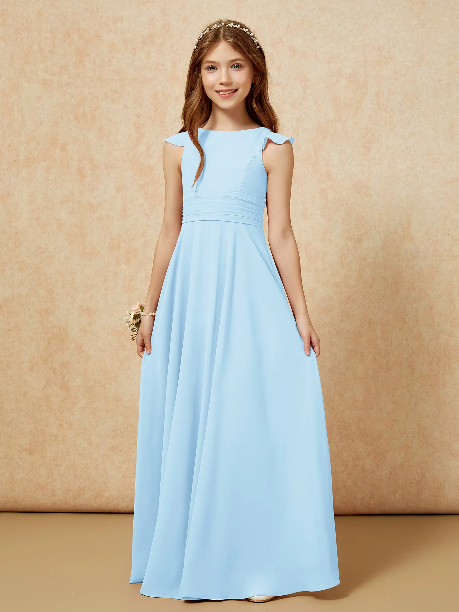 Rundhalsausschnitt Flatterärmel Chiffon Junge Brautjungfernkleider Himmelblau - Image 6