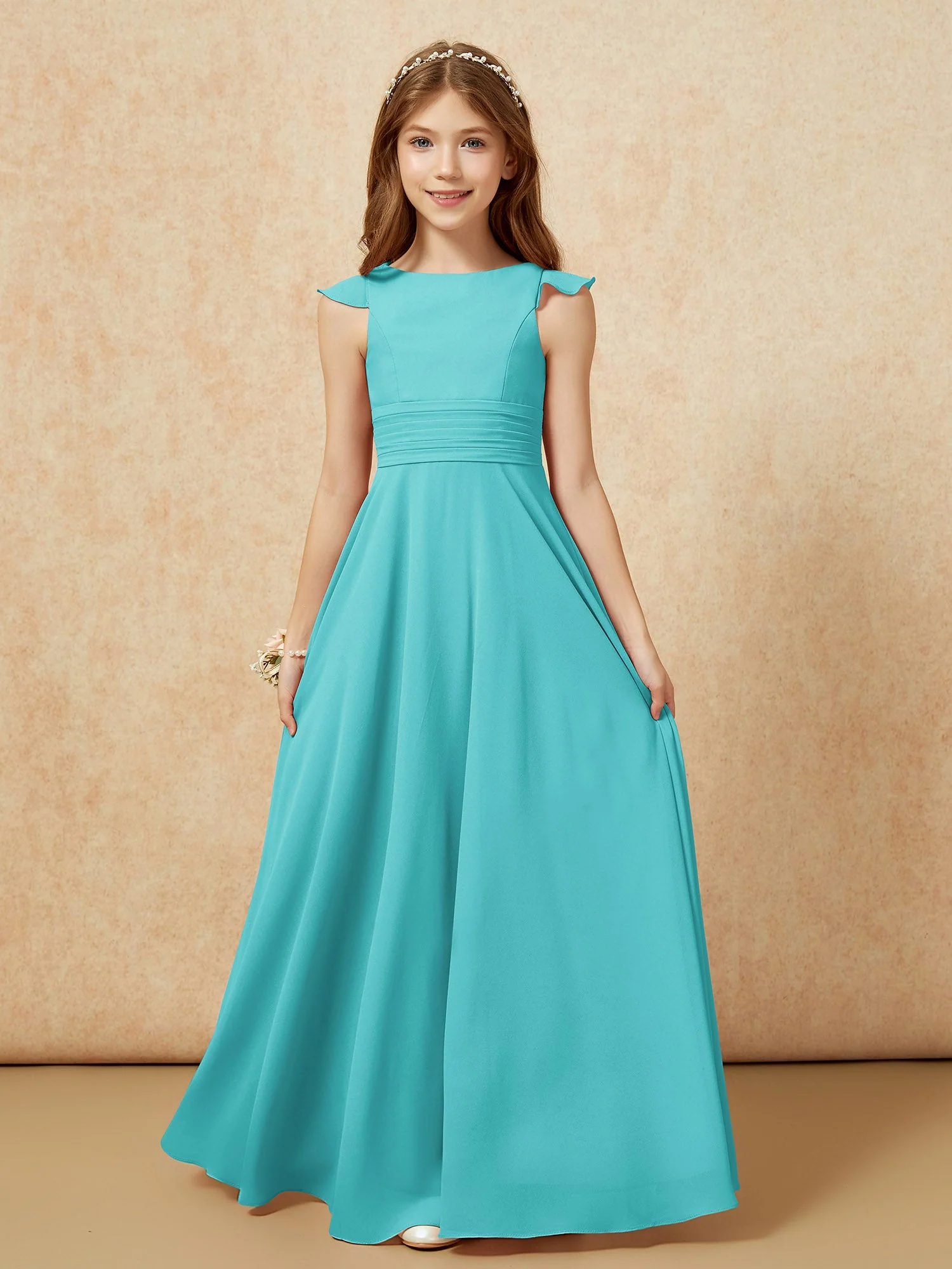 Rundhalsausschnitt Flatterärmel Chiffon Junge Brautjungfernkleider Jade