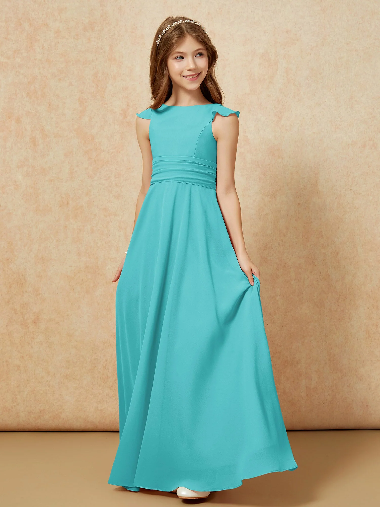 Rundhalsausschnitt Flatterärmel Chiffon Junge Brautjungfernkleider Jade - Image 3