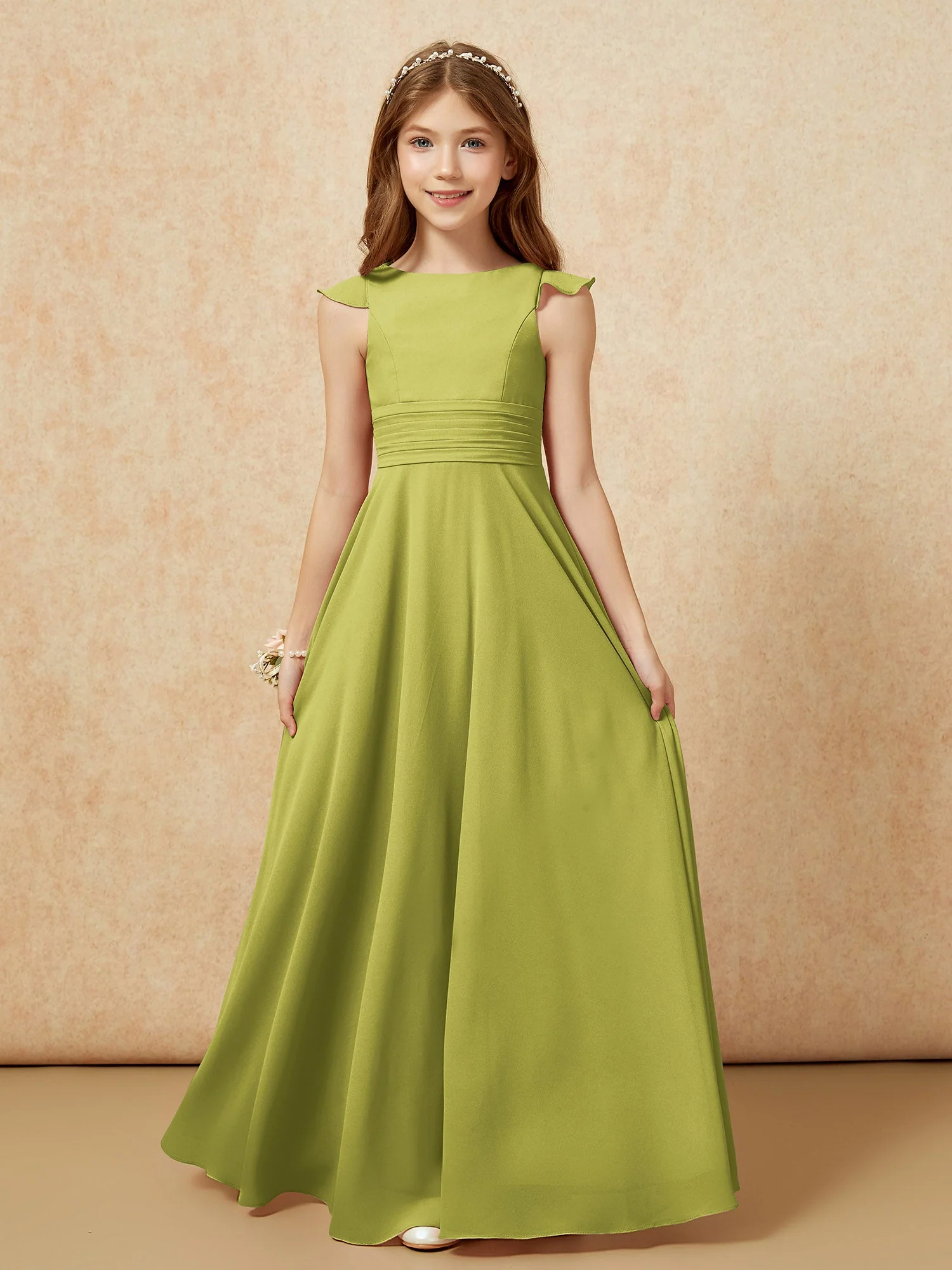 Rundhalsausschnitt Flatterärmel Chiffon Junge Brautjungfernkleider Kleegrün